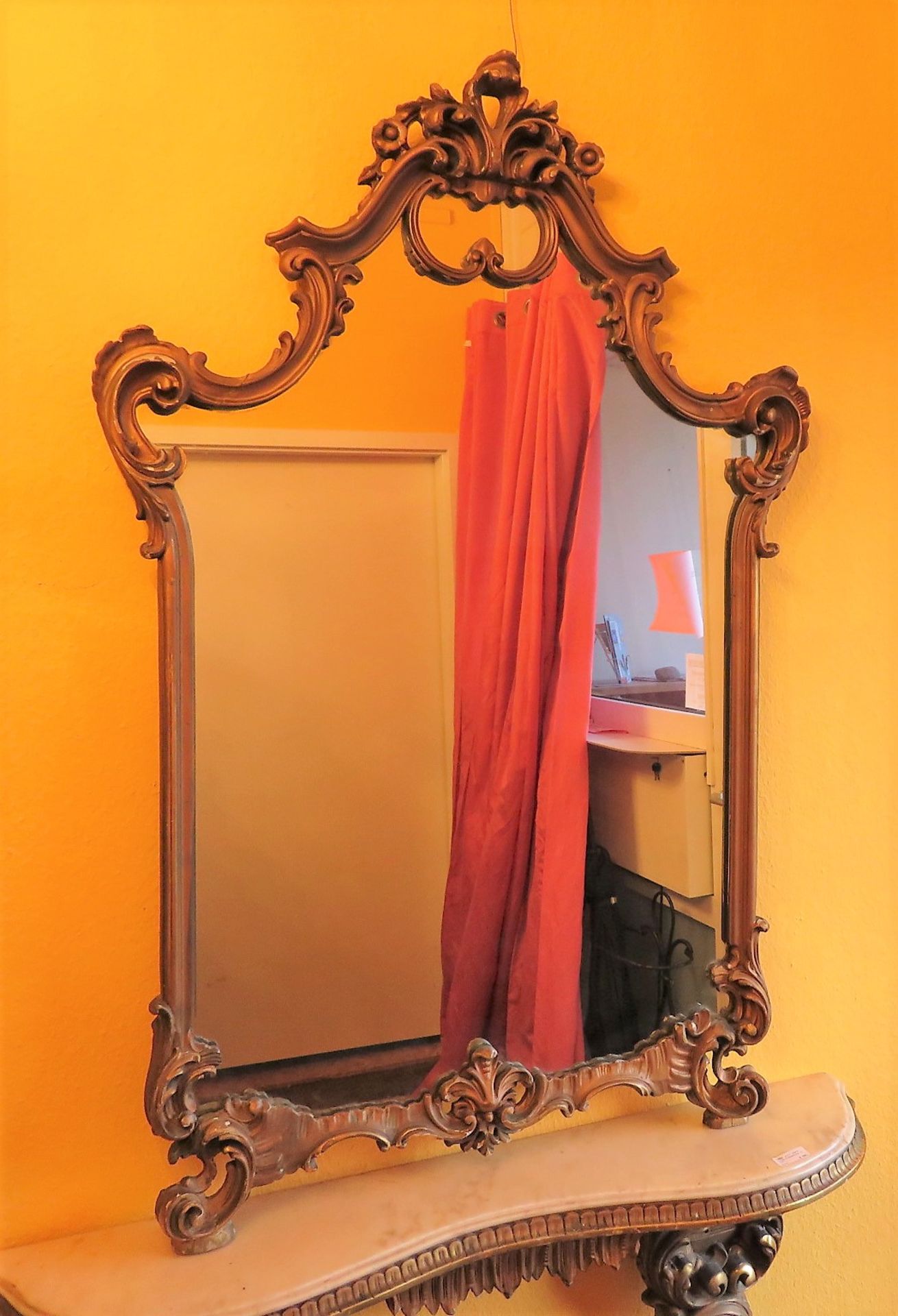 Konsole mit Spiegelaufsatz, um 1900, Holz reich geschnitzt, Onyxplatte, best., - Image 2 of 3