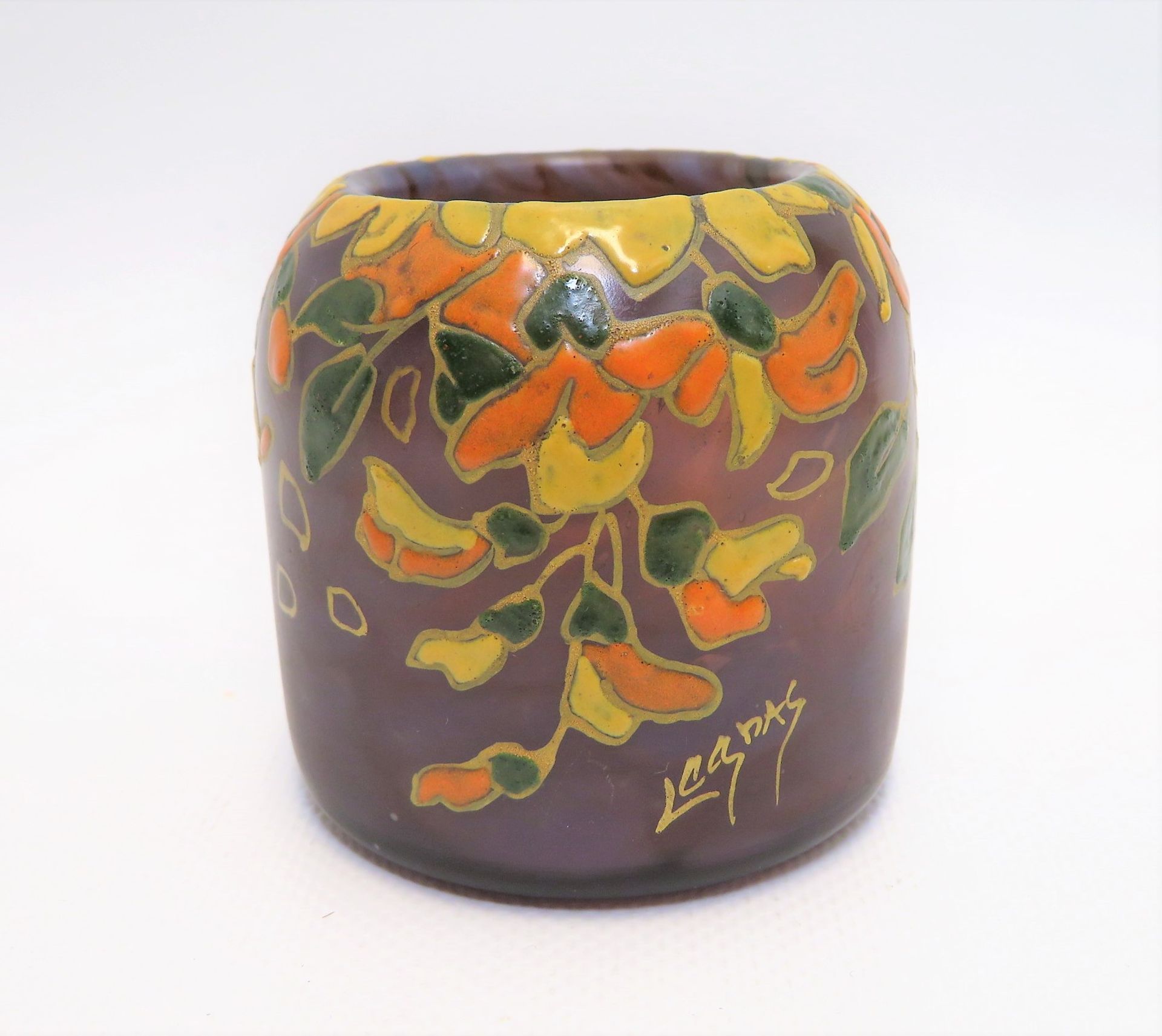 Jugendstil Vase, Frankreich, Legras, Violett eingefärbtes Glas mit polychromer