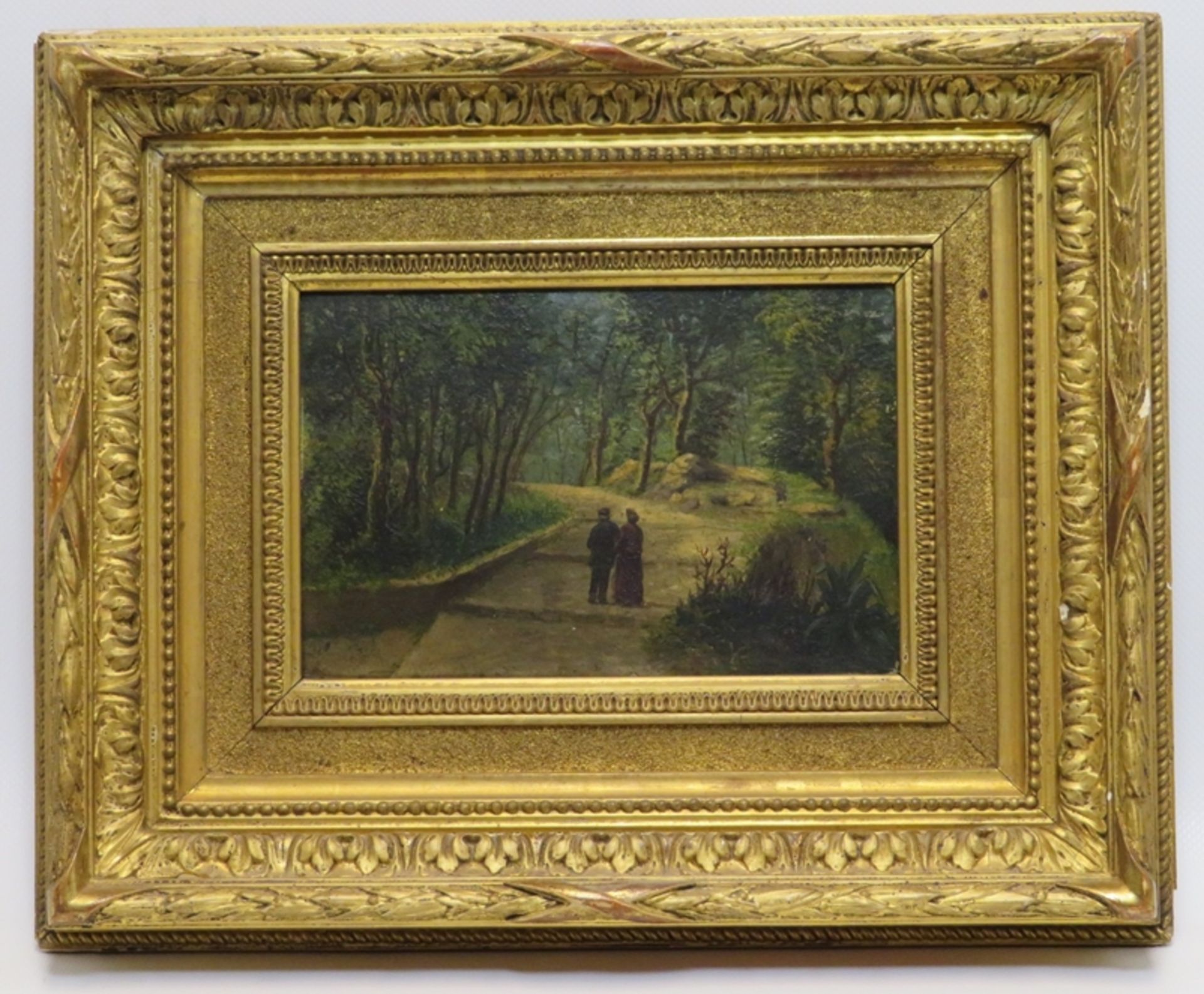19. Jahrhundert, "Spazierendes Paar im Park", Öl/Holz, 12 x 18 cm, R. [27,5 x 3