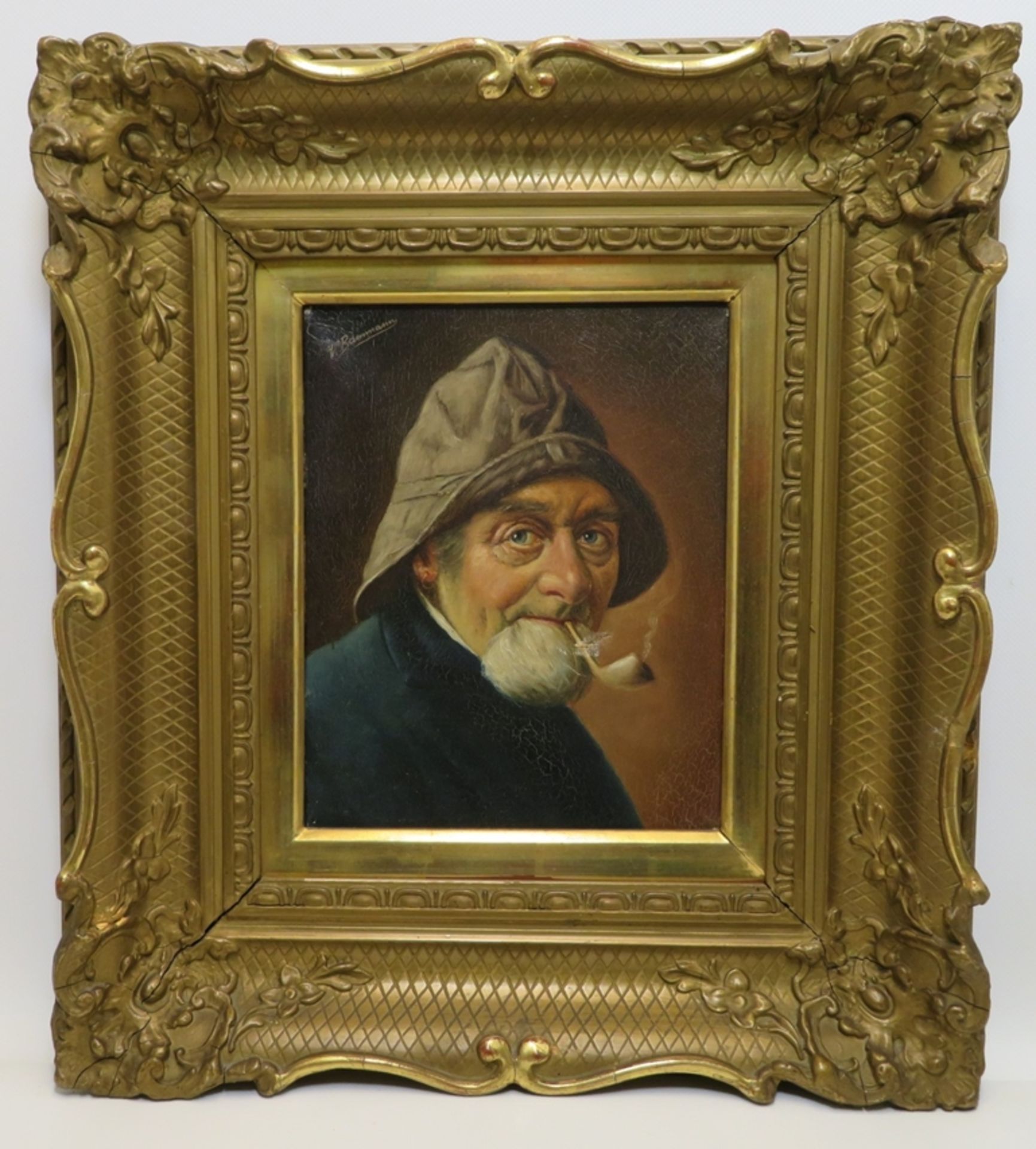 Baumann, W., 2 Männerporträts mit Pfeife, li.o.sign., Öl/Leinwand, 1 x Riss in - Image 2 of 2