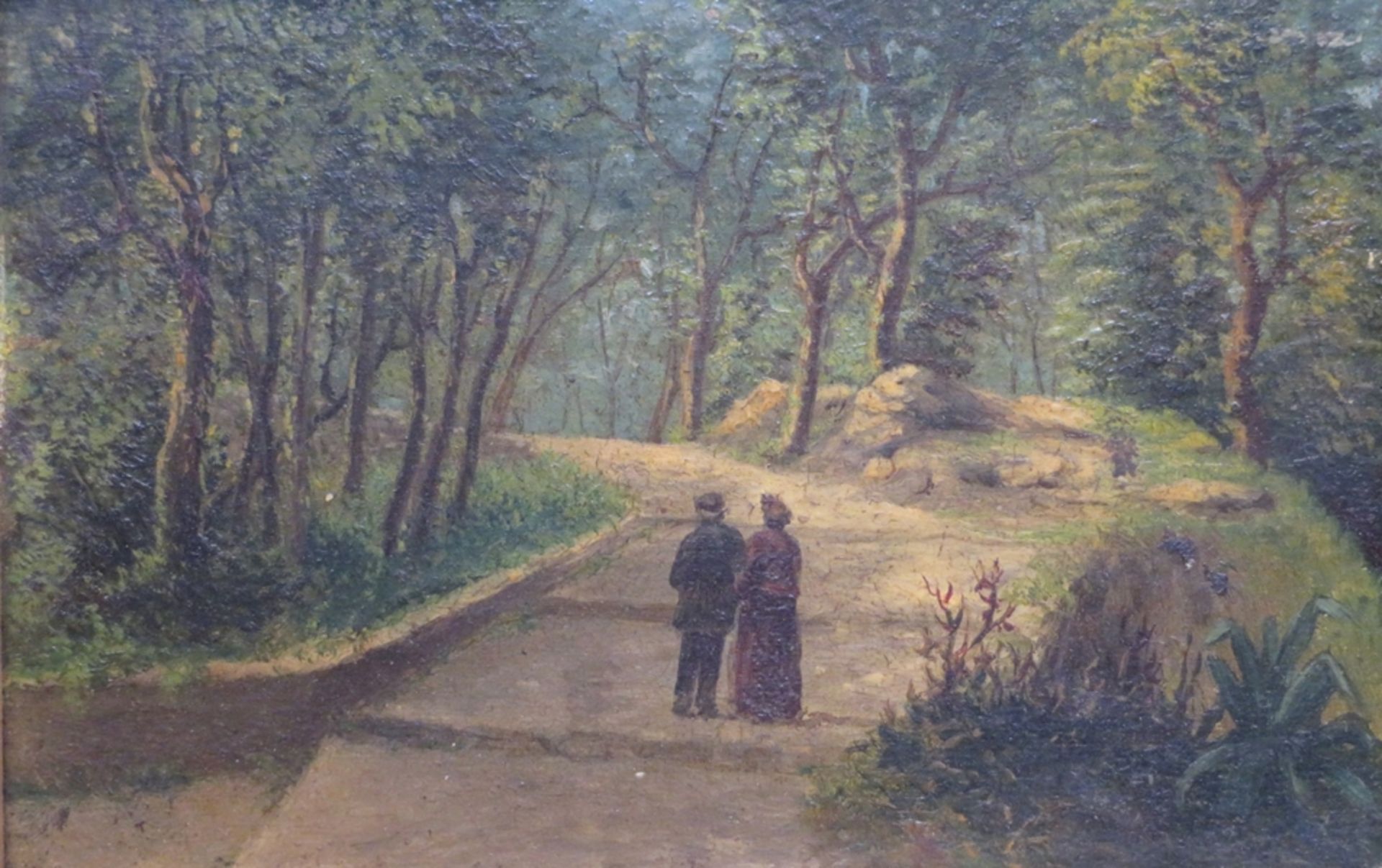 19. Jahrhundert, "Spazierendes Paar im Park", Öl/Holz, 12 x 18 cm, R. [27,5 x 3 - Image 2 of 2