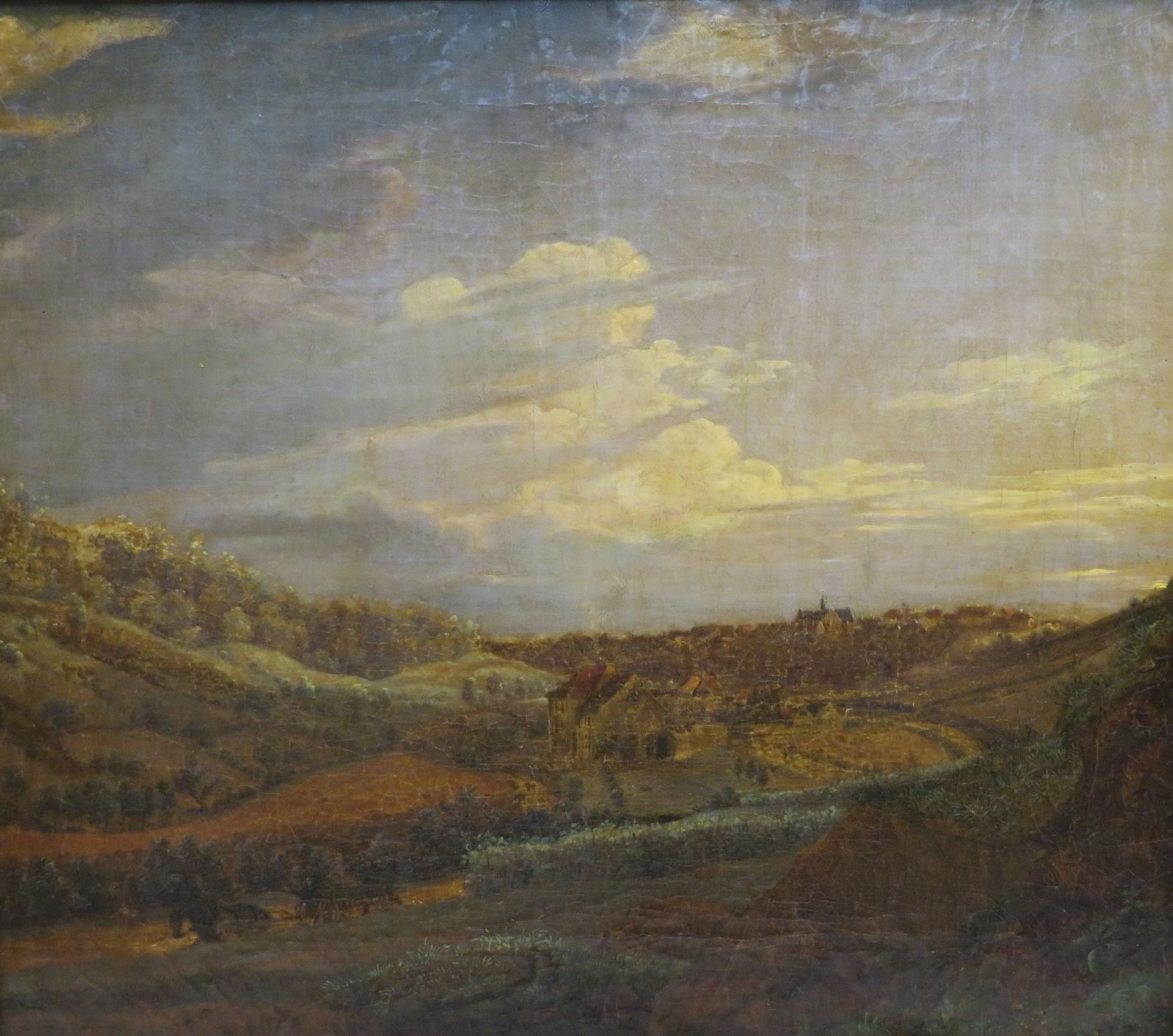 Biedermeier, 19. Jahrhundert, "Landschaft mit Stadtansicht", Öl/Leinwand, 41 x