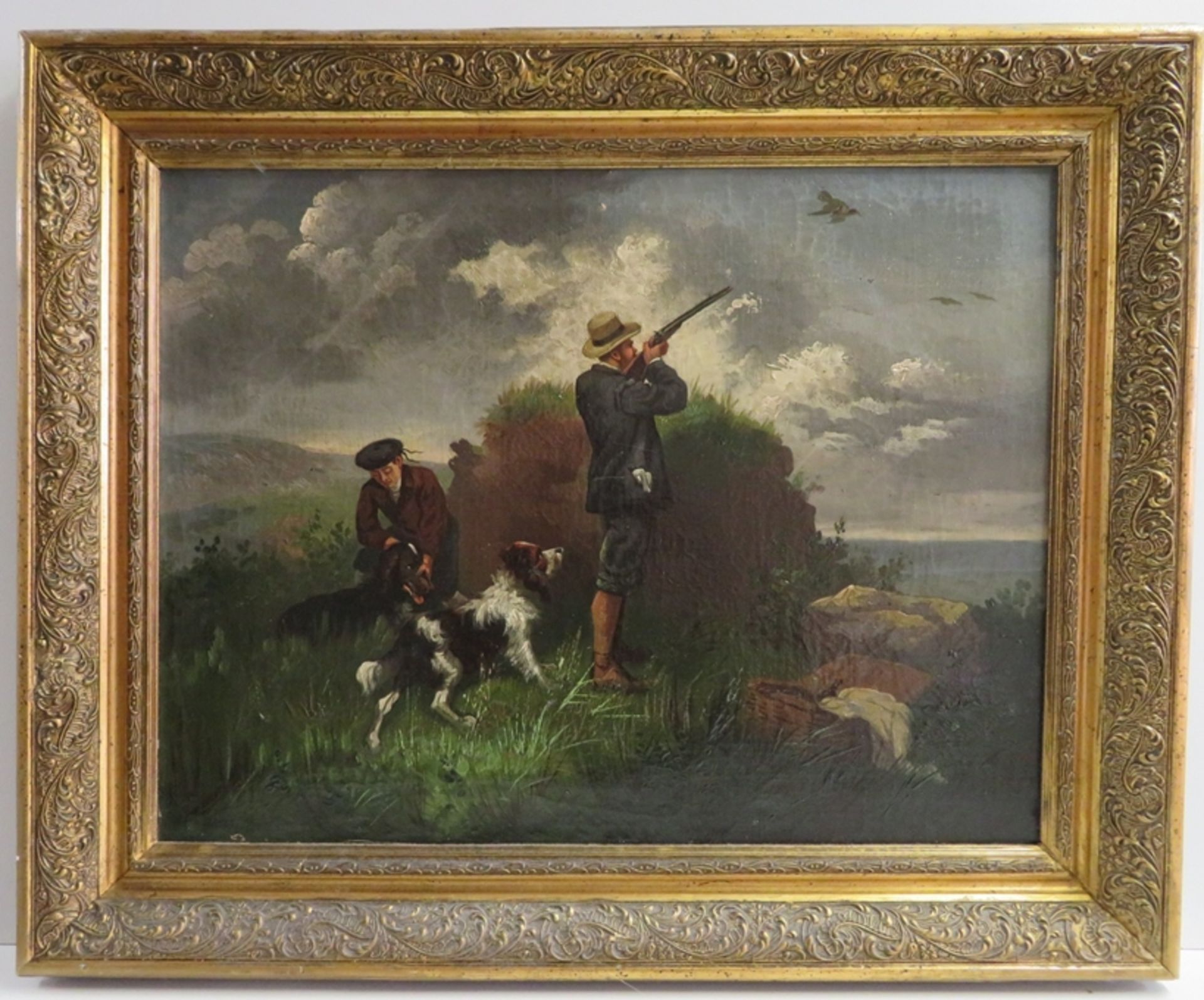 Unbekannt, um 1900, "Die Entenjagd", Öl/Leinwand, Leinwand mit Fehlstellen, 46,