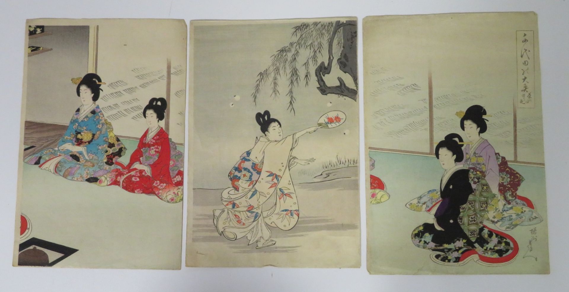 3 japanische Farbholzschnitte, 19. Jahrhundert, 36 x 24 cm, o.R.