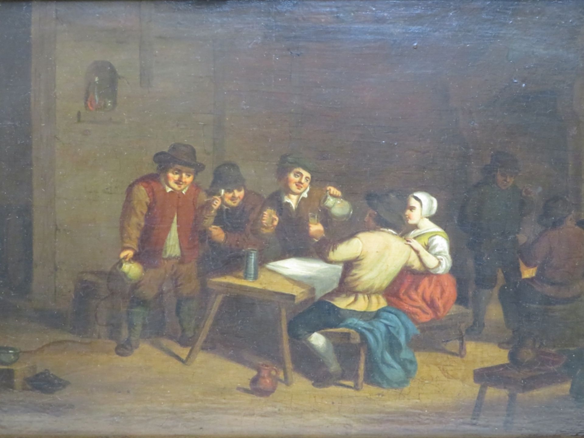 Niederlande, 18./19. Jahrhundert, "Belebte Wirtshausszene", Öl/Holz, 23,5 x 33 - Image 2 of 3