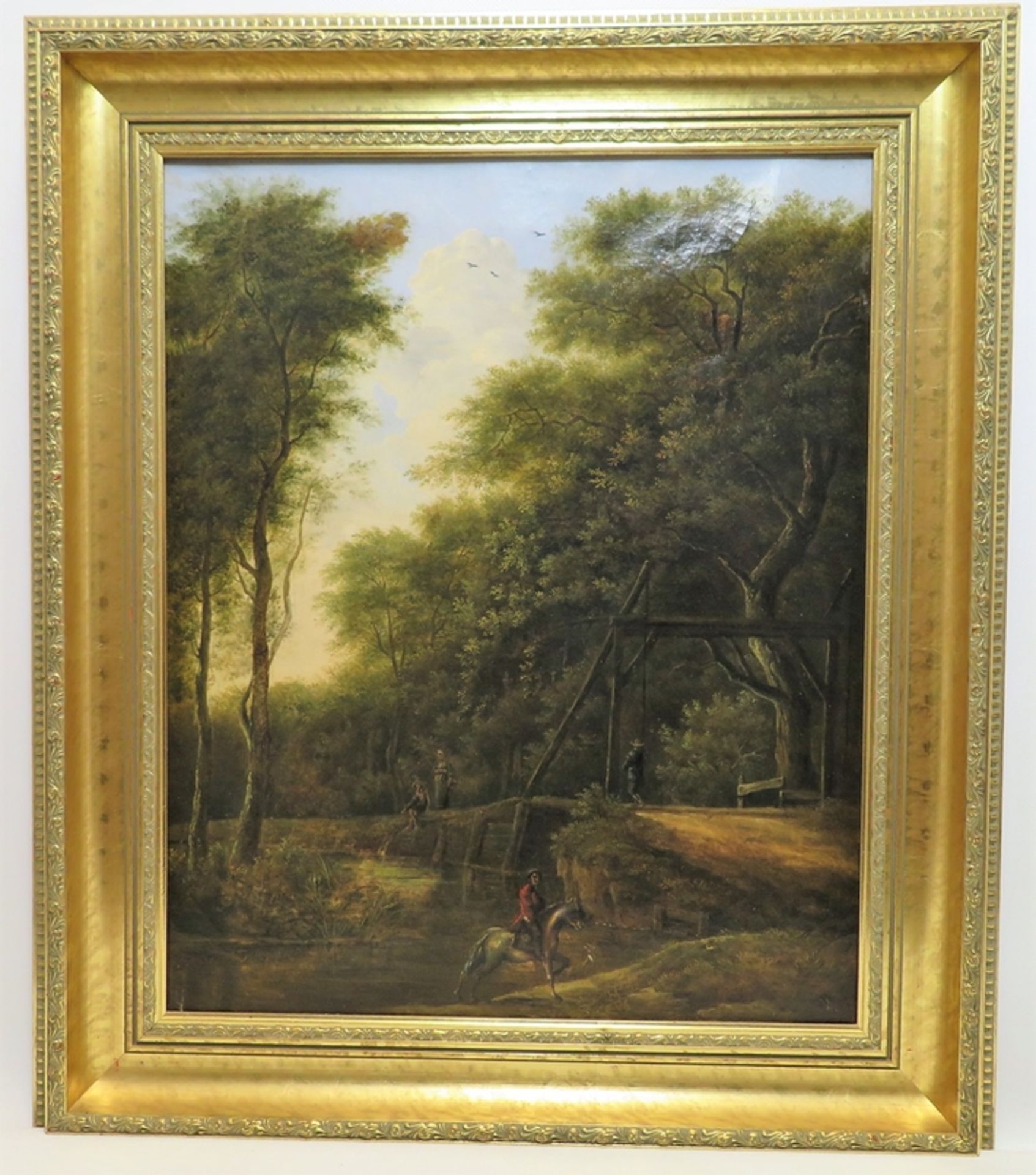 Wohl Klever Schule, 19. Jahrhundert, "Reiter mit Spaziergängern im Wald", Öl/Le