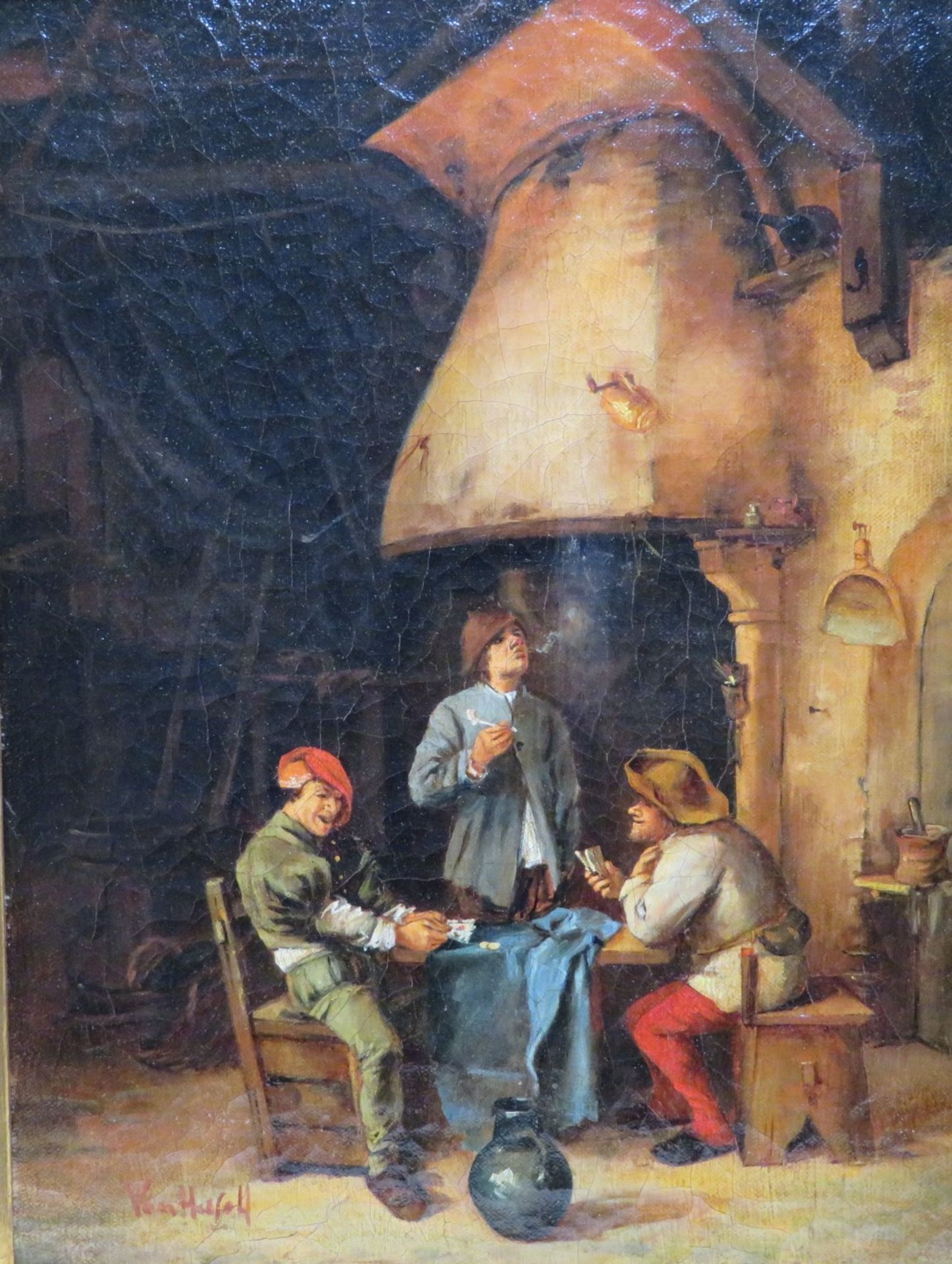 Hoesch, van, "Kartenspieler in der Schmiede", li.u.sign., Öl/Leinwand, doublier - Image 2 of 2