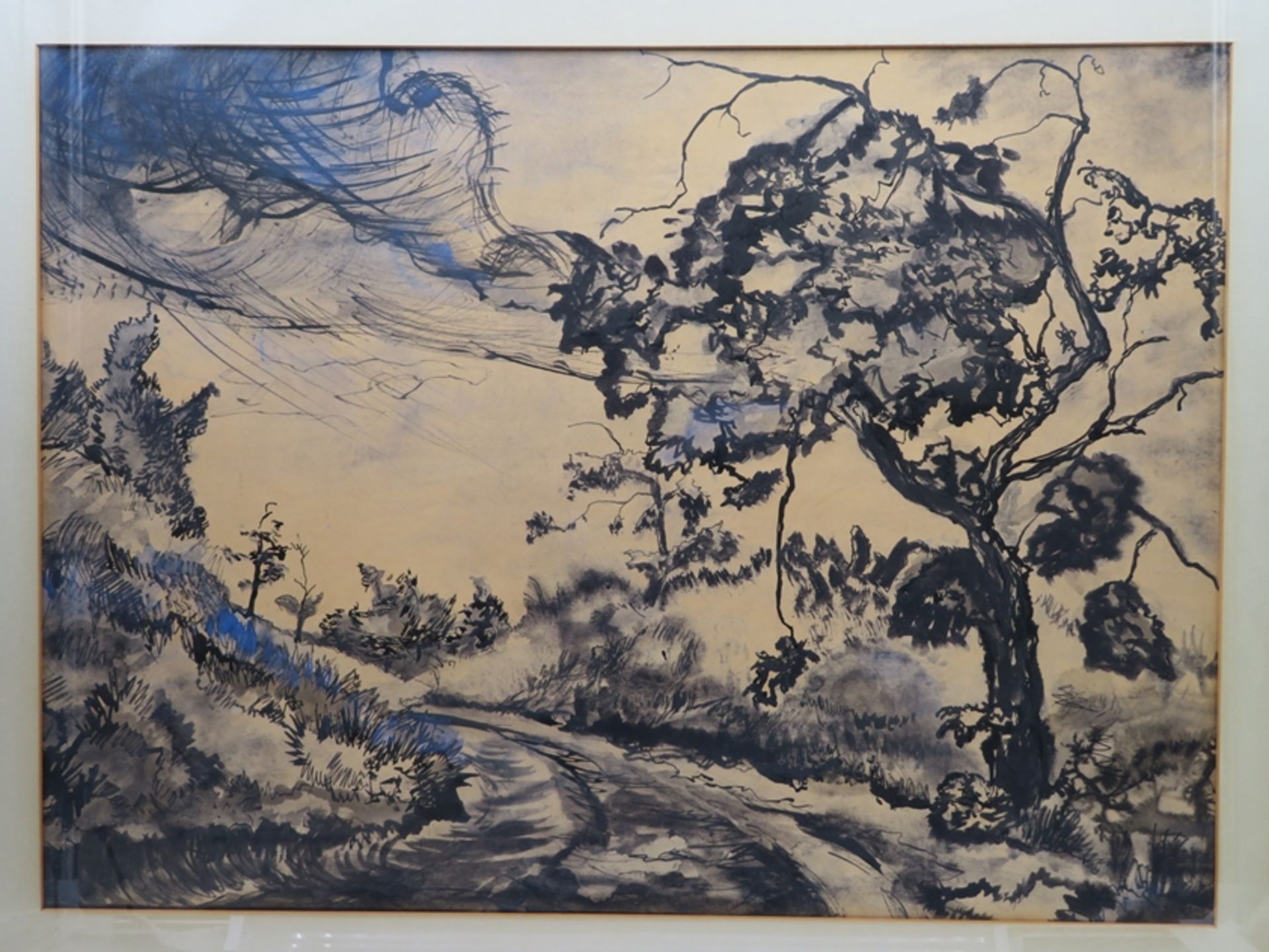 Unbekannt, wohl China/Japan, 1. Hälfte 20. Jahrhundert, "Bewaldeter Weg", Tusche/Aquarell, 44,5 x 6