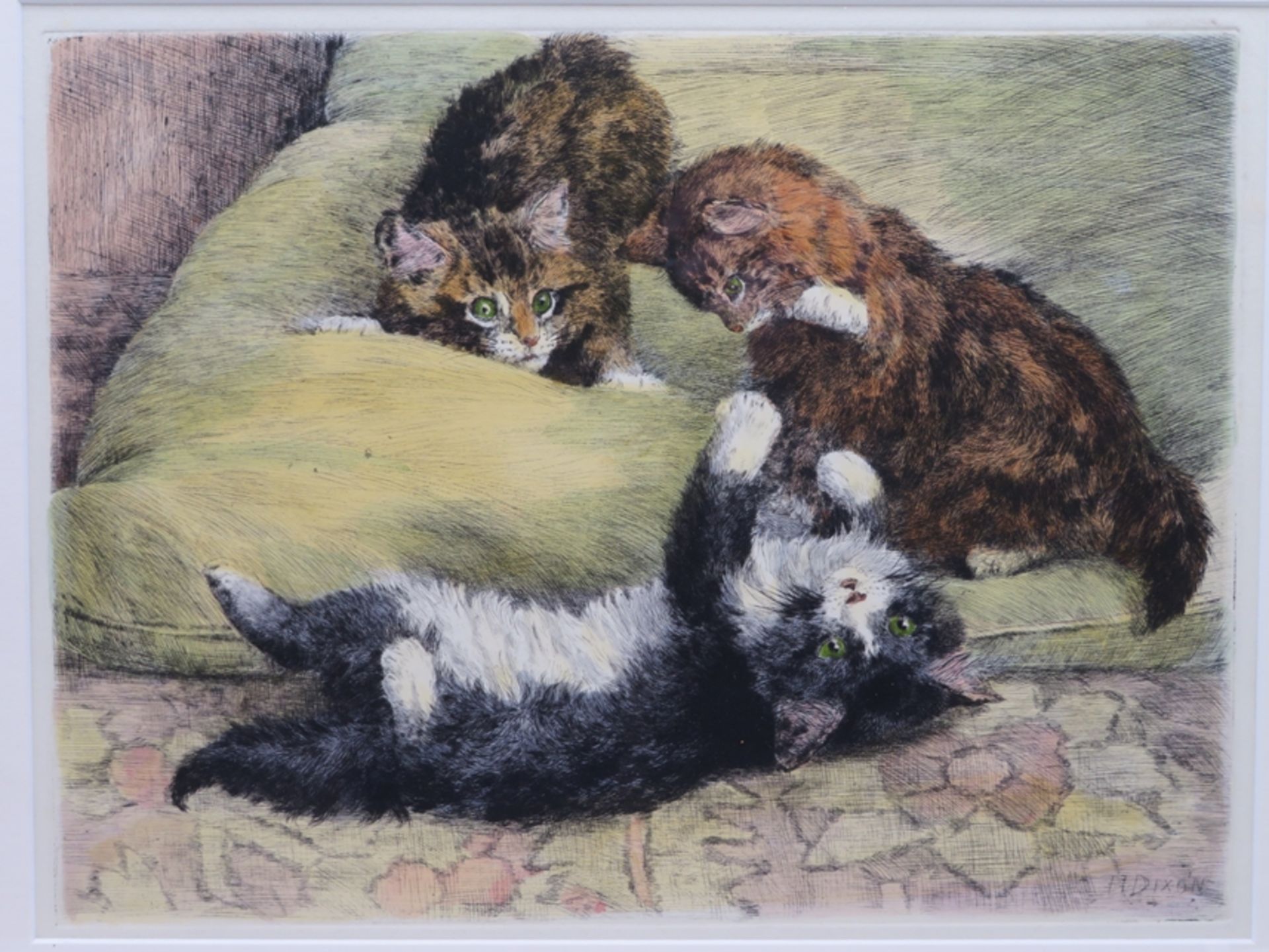 Dixon, H., "Drei spielende Kätzchen", Originalradierung, aquarelliert, i.d.Pl.sign., 22 x 30 cm, R.