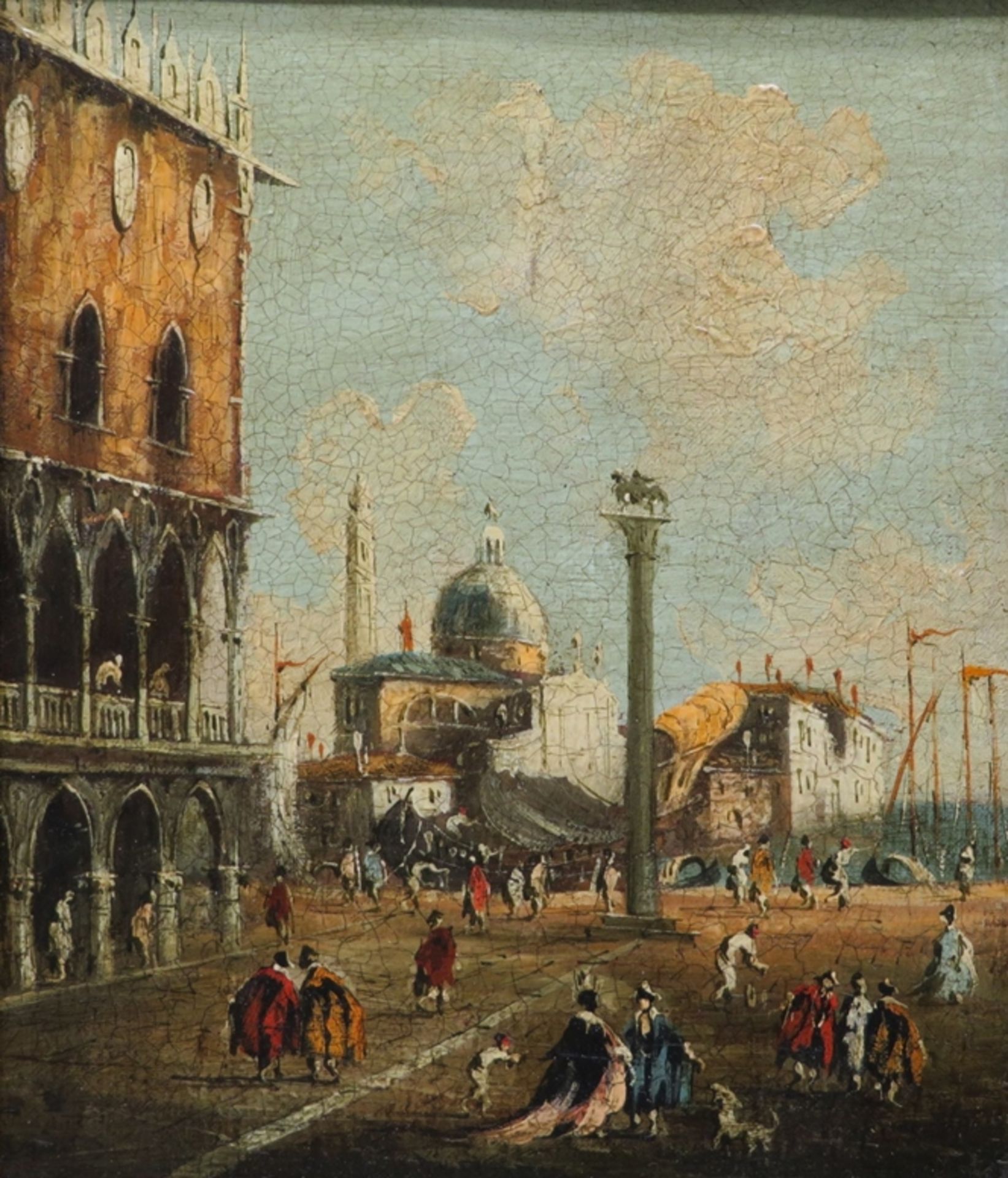 Unbekannt, "Belebter Markusplatz in Venedig", Öl/Leinwand, 20. Jahrhundert, 20 x 17,5 cm, R. [28 x 