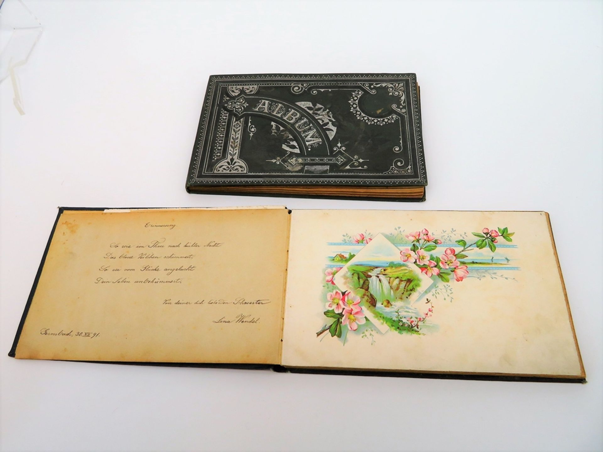 2 Poesiealben, um 1891, geprägte Einbände, 14 x 21 cm.