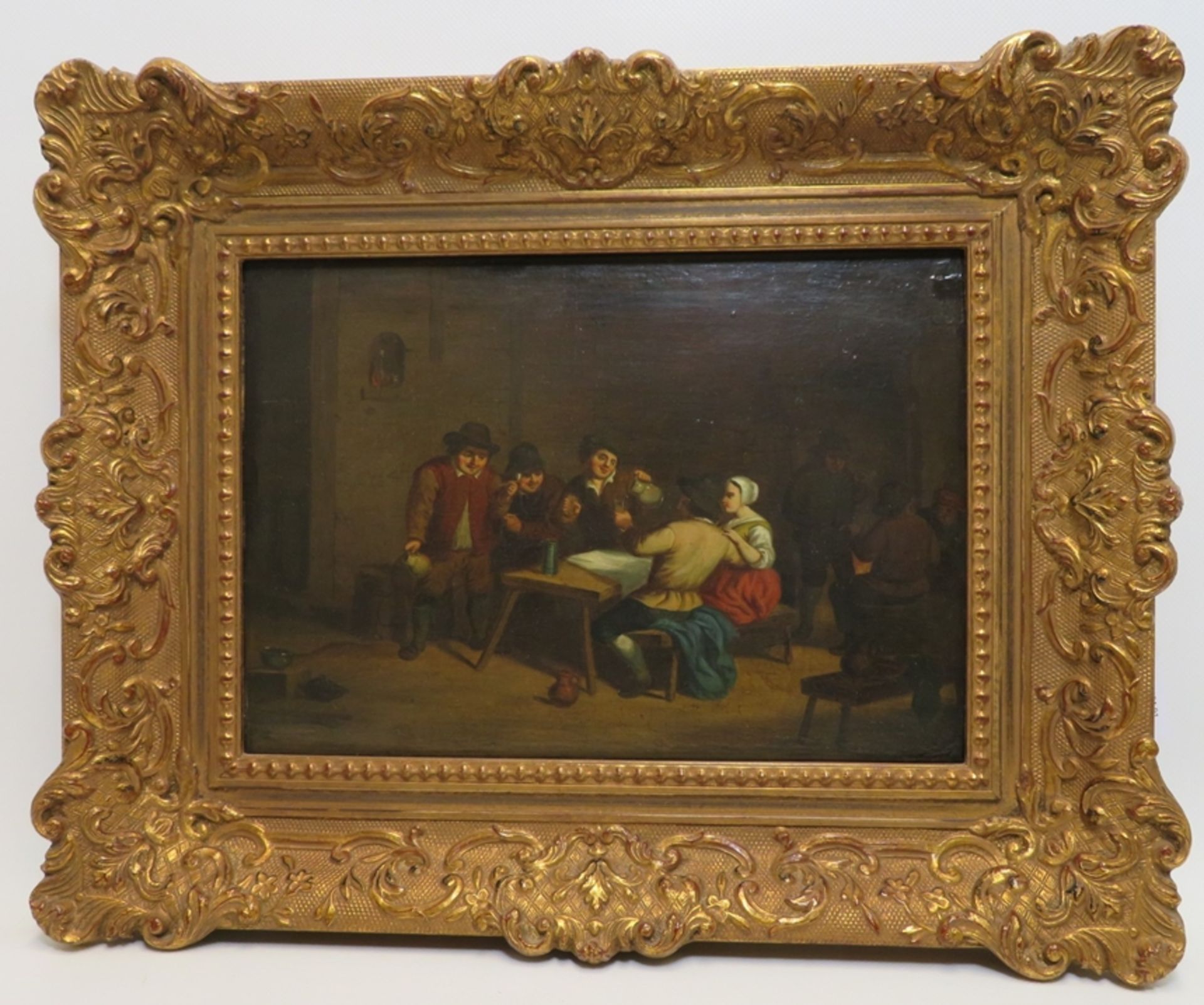 Niederlande, 18./19. Jahrhundert, "Belebte Wirtshausszene", Öl/Holz, 23,5 x 33 cm, vergoldeter Stuc