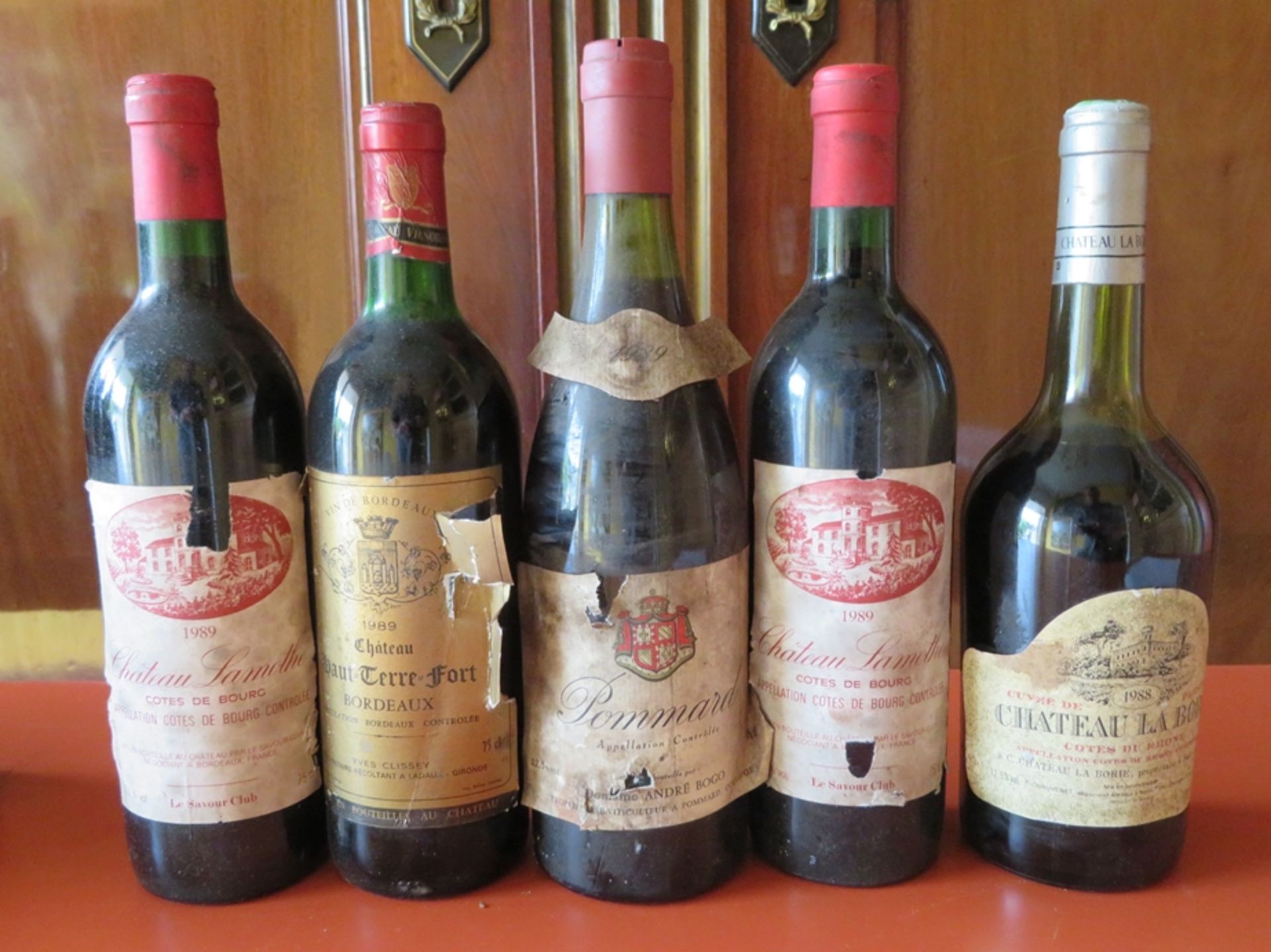 5 Flaschen alter Rotwein, Château Haut-Terre-Fort, 1989/2 x Château Lamothe, 1989/Pommard, André Bo