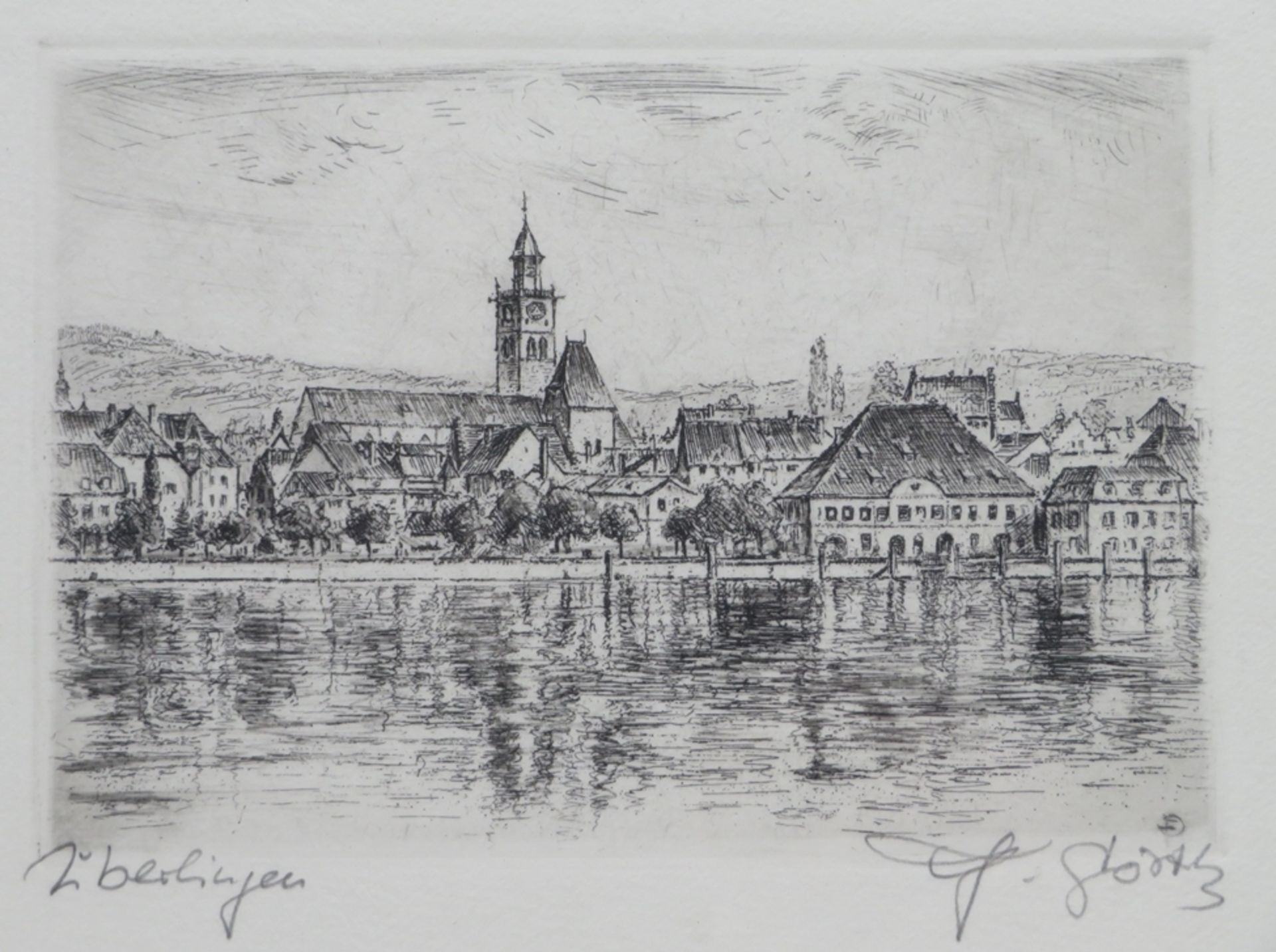 3 Radierungen diverser Künstler, Ansichten von Überlingen, R. [ca. 18 x 13/32 x 26 cm]