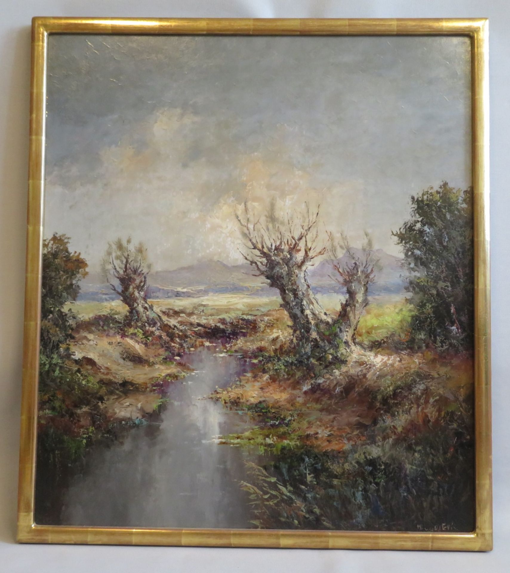 Bogodevil, "Herbstliche Flusslandschaft", re.u.sign., Öl/Malerpappe, 80,5 x 70 cm, Blattgoldrahmen 