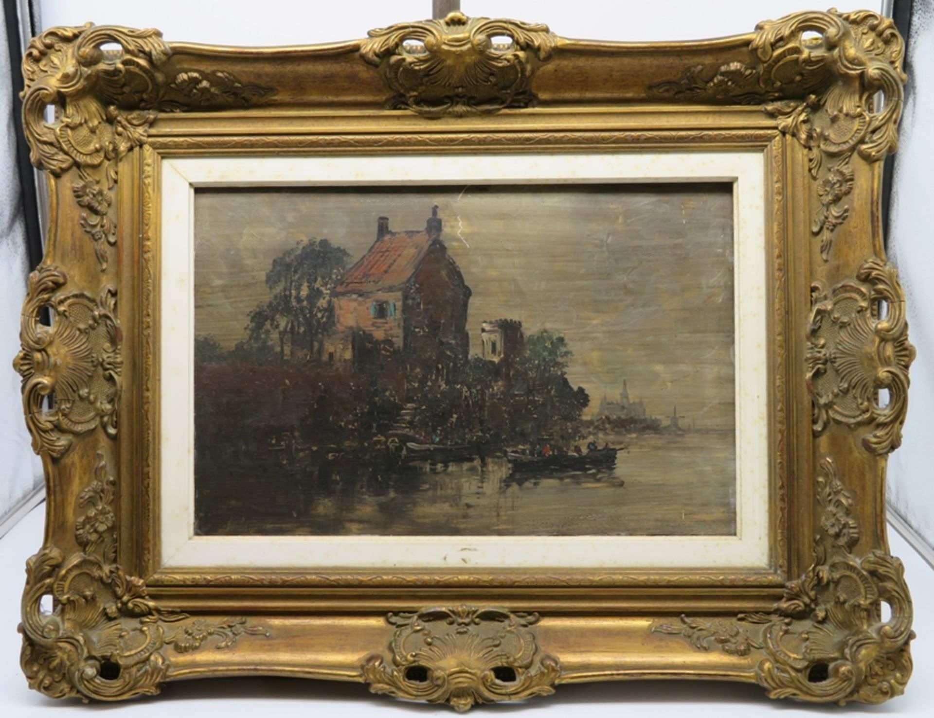 Niederlande, 1. Hälfte 20. Jahrhundert, "Uferansicht mit Booten vor einer Stadt", Öl/Holz, 25 x 38  - Bild 2 aus 2