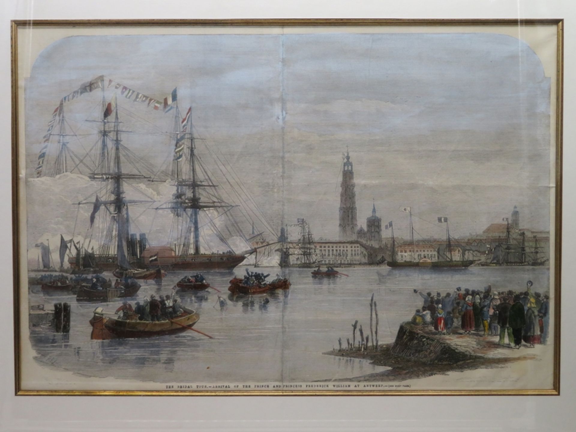 Holzstich, um 1860, "Hafen von Antwerpen", col., 36 x 53 cm, R. [54 x 70 cm]