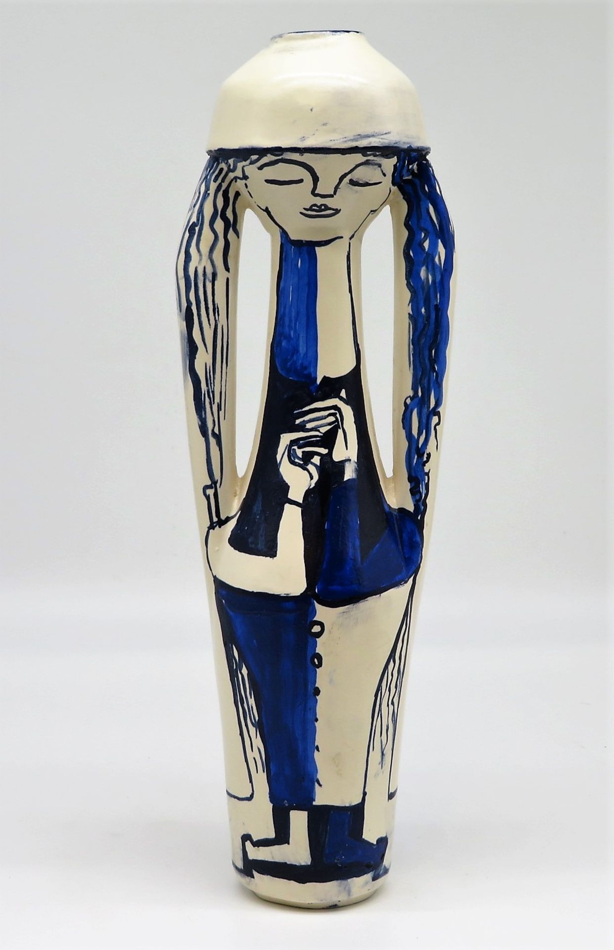 Designer Vase in Form einer Stehenden, Entwurf H. Mooij, Weißporzellan mit blauer Bemalung, Bodensi
