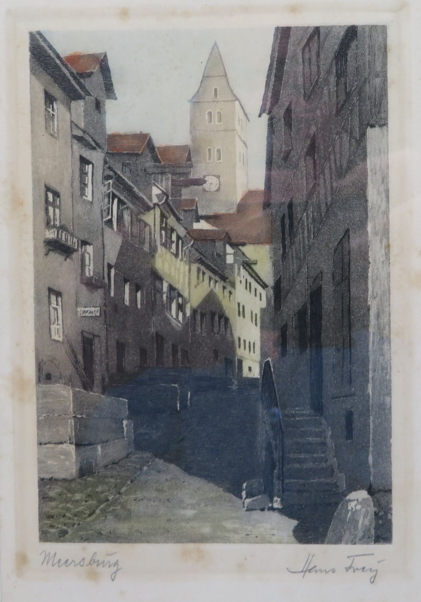 Frey, Hans, "Die Meersburger Steigstraße", Farblithografie, re.u.sign., stockfl., 13,5 x 9,5 cm, R.