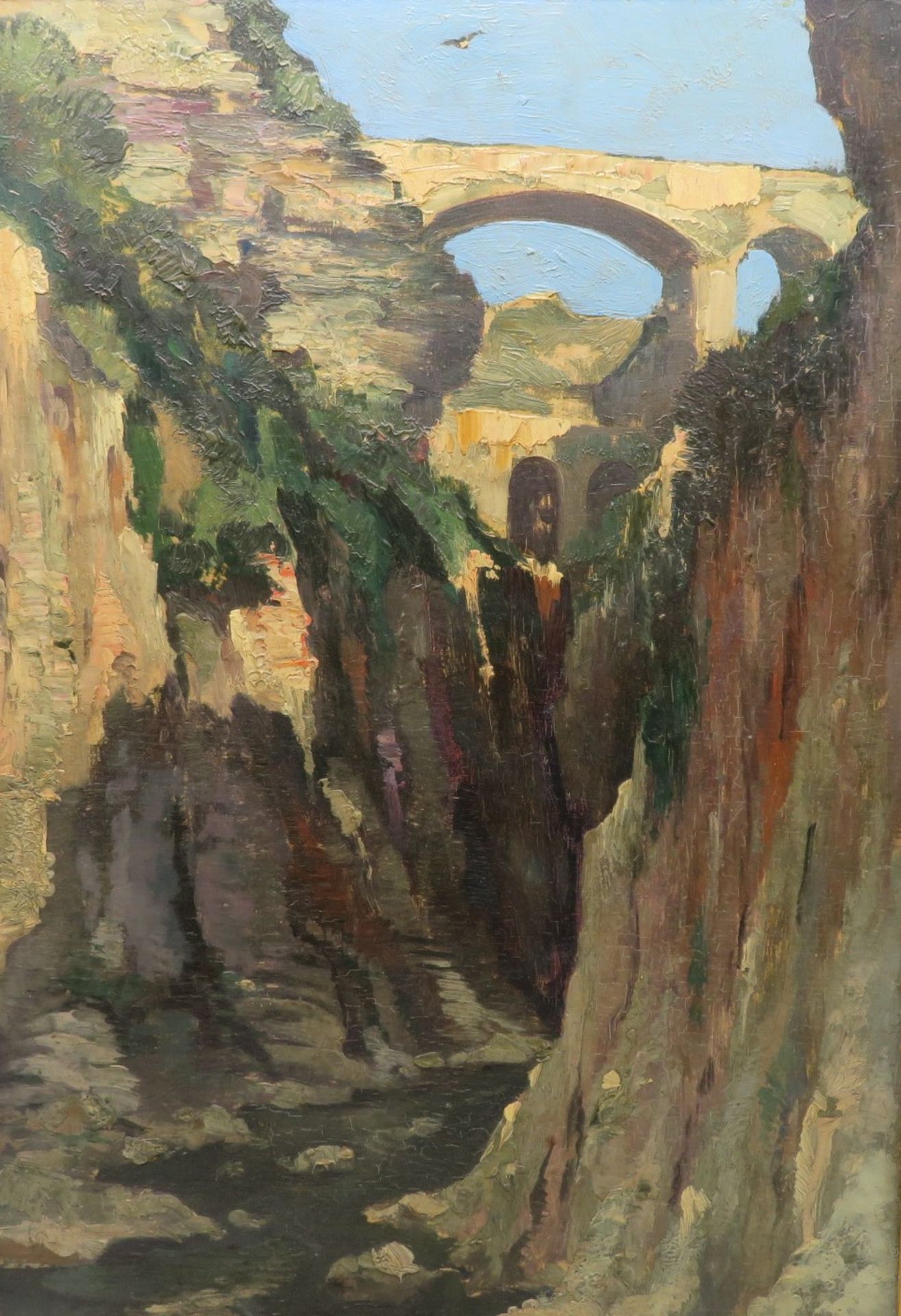 Snyders, um 1900, "Brücke über eine Schlucht", verso sign., Öl/Malerpappe, 48,5 x 36 cm, R. [60 x 4