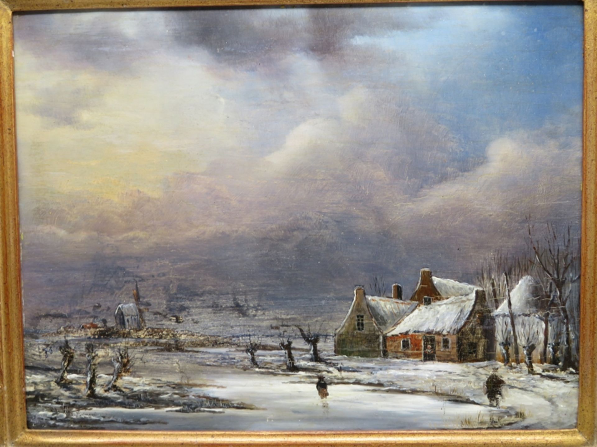 Niederlande, 19. Jahrhundert, "Winterlandschaft mit verschneiten Häusern", Öl/Holz, 19 x 24,5 cm, R