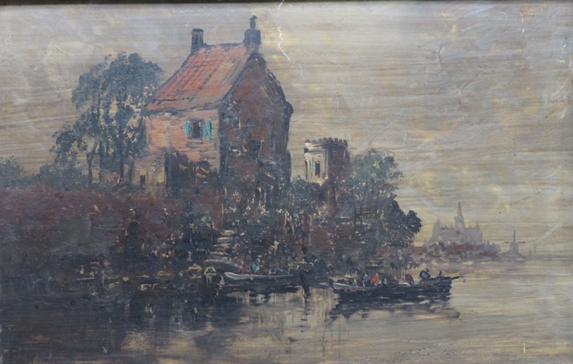 Niederlande, 1. Hälfte 20. Jahrhundert, "Uferansicht mit Booten vor einer Stadt", Öl/Holz, 25 x 38 