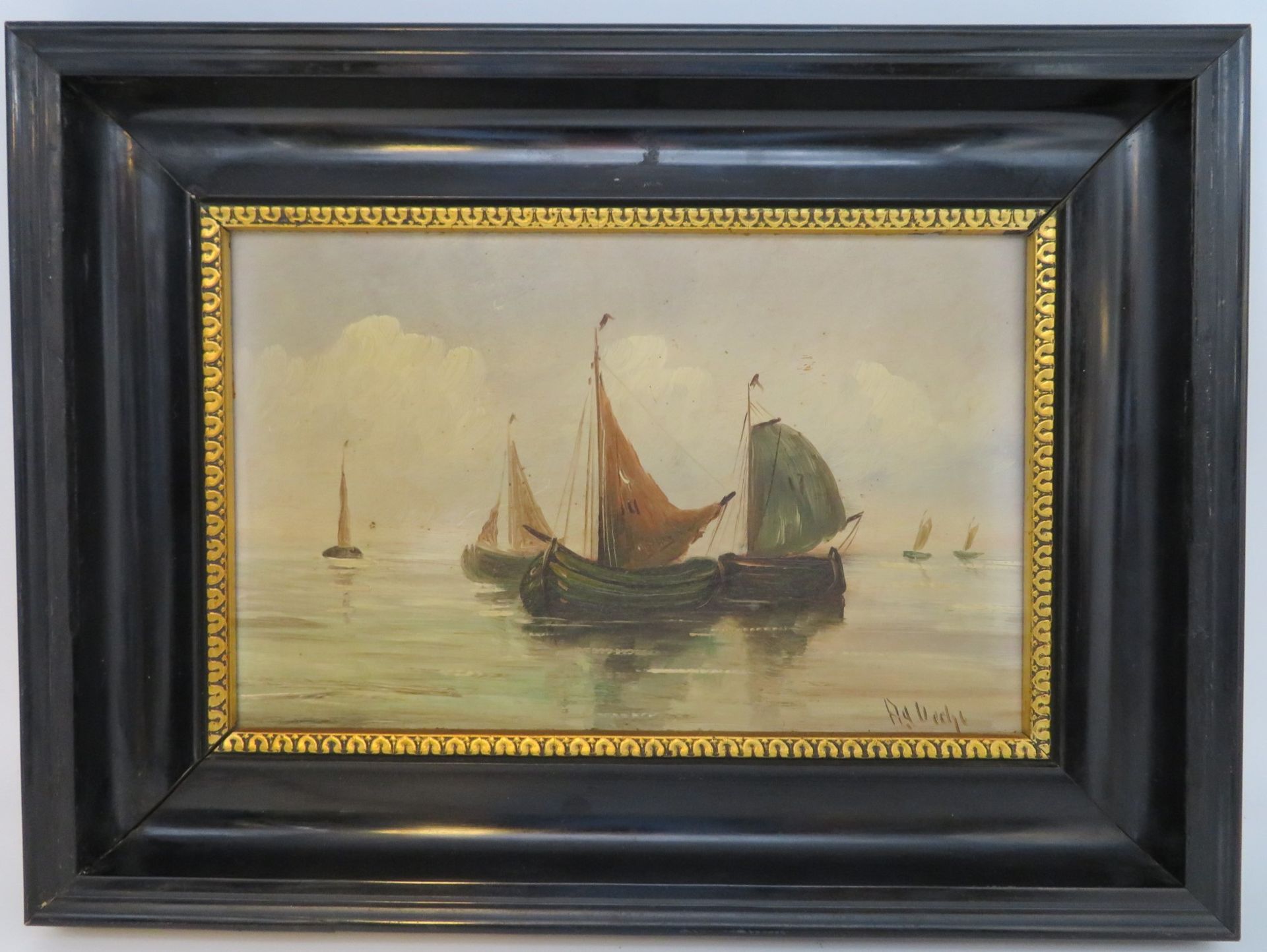 Vecht, A.J., Niederlande, um 1900, "Fischerboote auf See", re.u.sign., Öl/Holz, 19 x 29,5 cm, R. [3 - Bild 2 aus 2