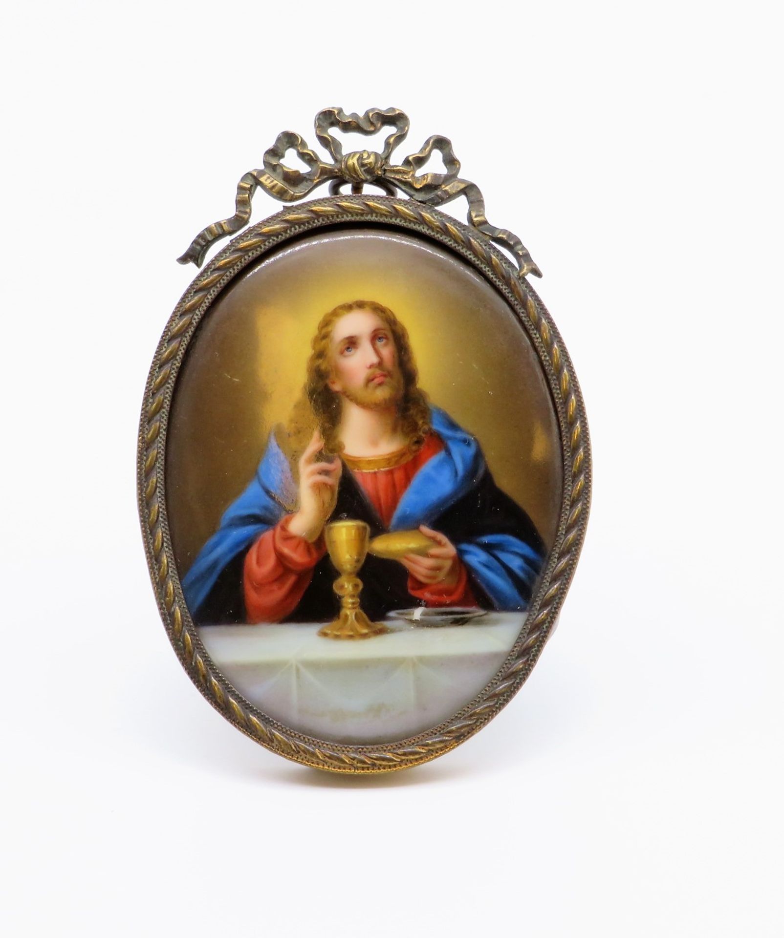 Porzellan-Miniatur, 19. Jahrhundert, "Jesus", Messingrahmen, 10,5 x 7,5 cm.