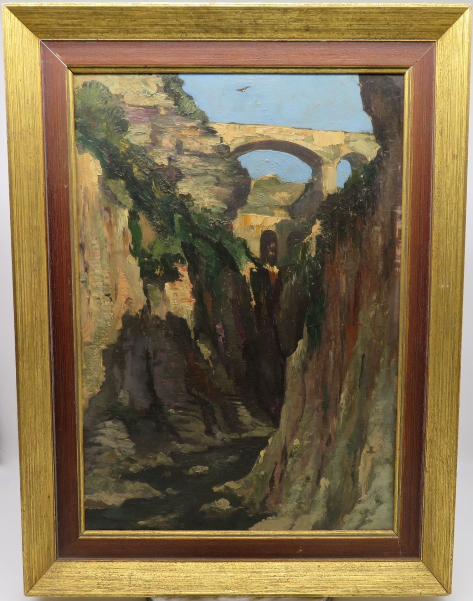 Snyders, um 1900, "Brücke über eine Schlucht", verso sign., Öl/Malerpappe, 48,5 x 36 cm, R. [60 x 4 - Bild 2 aus 2