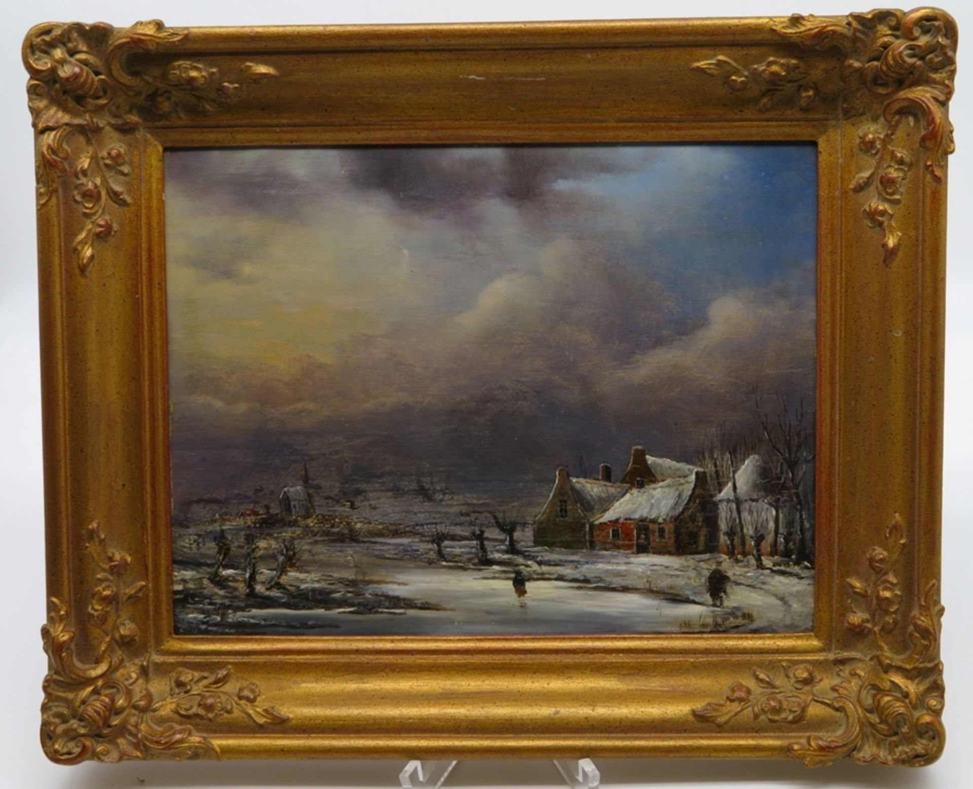 Niederlande, 19. Jahrhundert, "Winterlandschaft mit verschneiten Häusern", Öl/Holz, 19 x 24,5 cm, R - Bild 2 aus 2