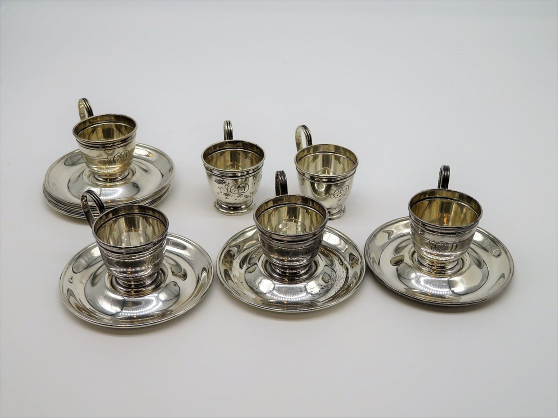 6 Mokka-Glashalter mit UT, England, gem. "Gorham", 925er Sterlingsilber, gepunzt, 320 g, Glaseinsät