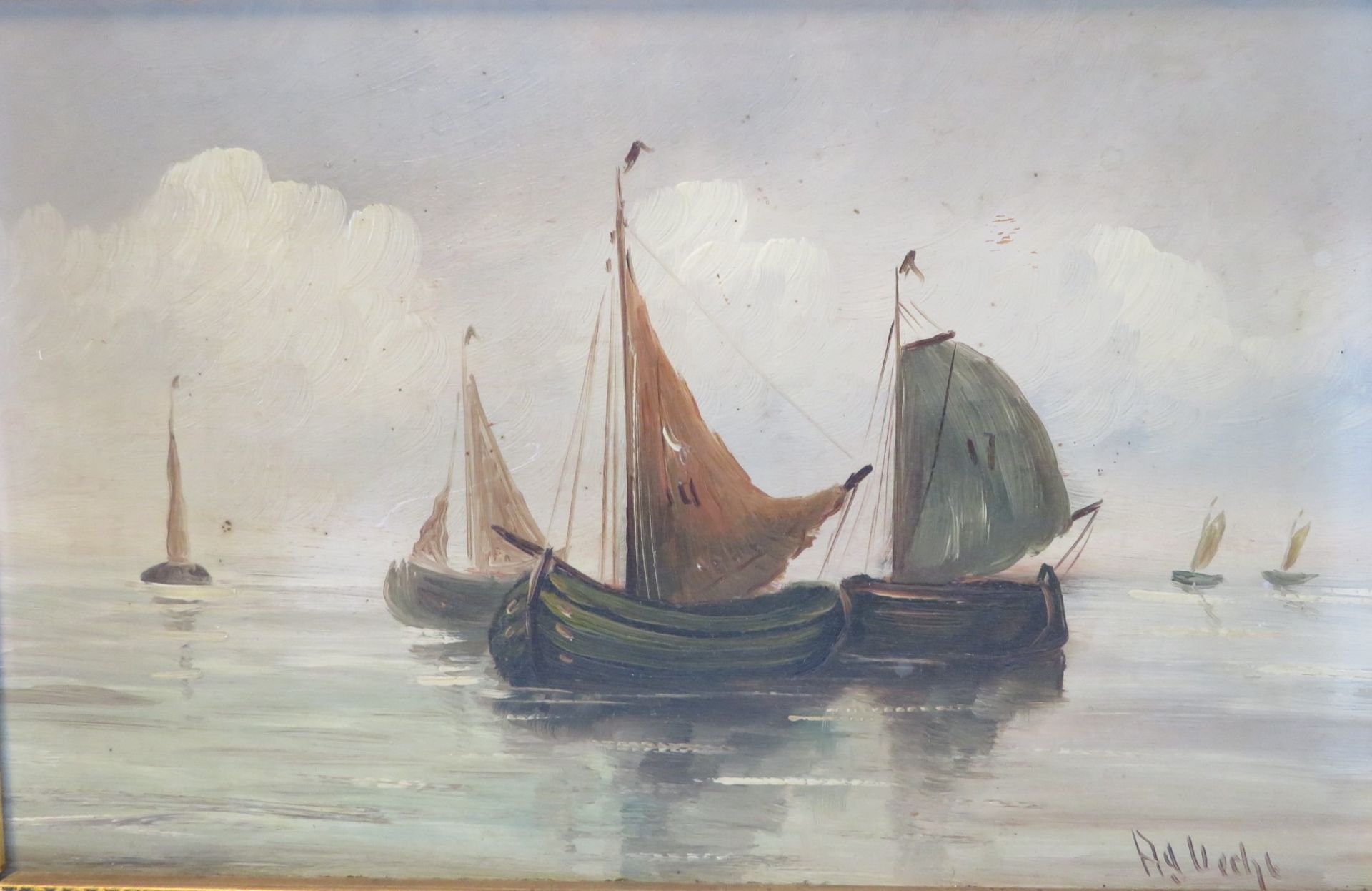 Vecht, A.J., Niederlande, um 1900, "Fischerboote auf See", re.u.sign., Öl/Holz, 19 x 29,5 cm, R. [3