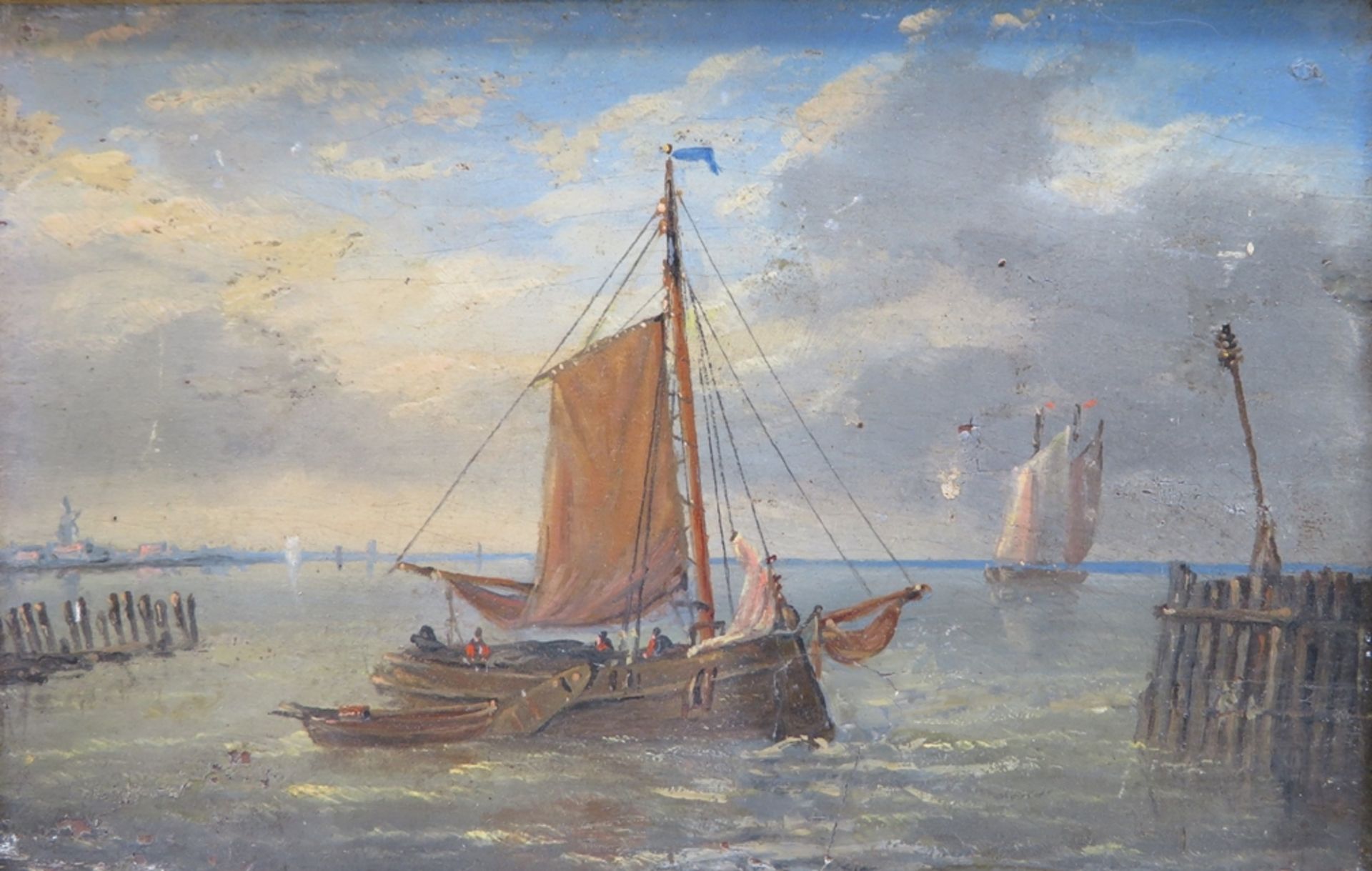 Niederlande, 19. Jahrhundert, "Fischerboote auf See", Öl/Holz, 11 x 16,5 cm, R. (besch.) [21 x 26,5