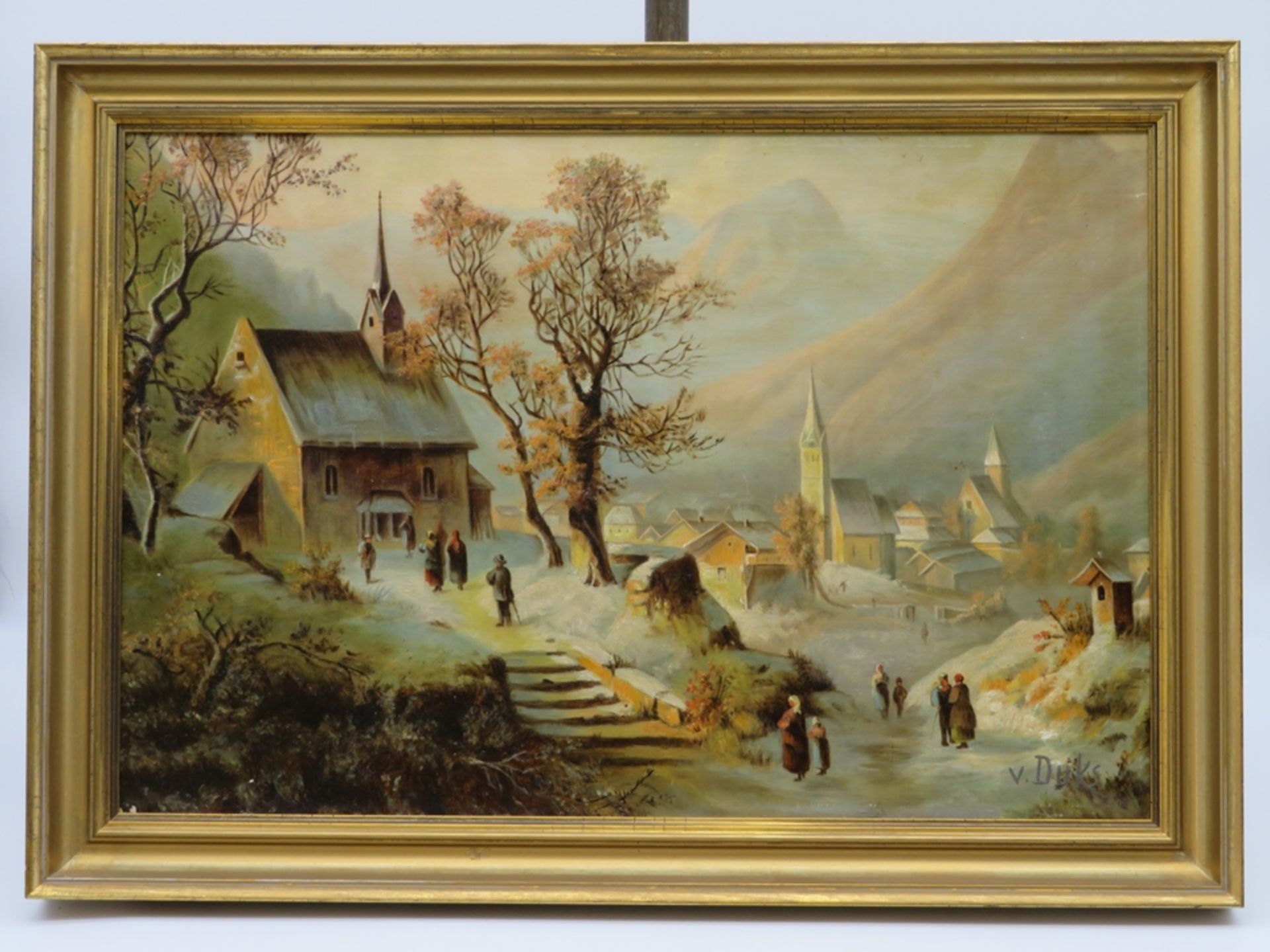 Duks, V.,  "Winterlicher Kirchgang in alpenländischer Stadt", re.u.sign., Öl/Leinwand, 32 x 46 cm, 