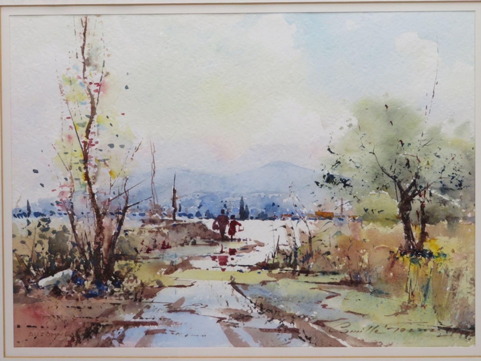 Ferrer, Camille, 1909 - 2001, "Spaziergang im Herbst", re.u.sign., Aquarell, 27,5 x 38 cm, R. [47 x