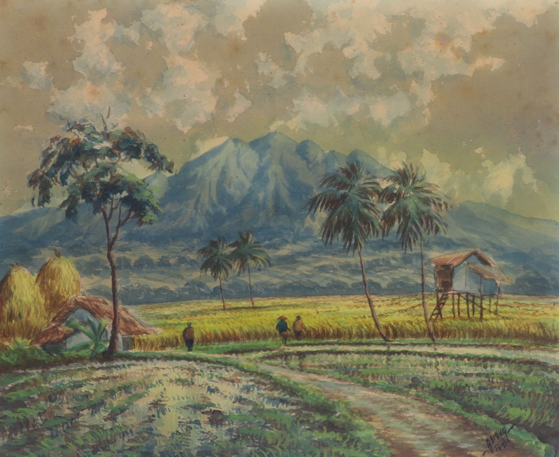 Sinhe, A., Indonesischer Künstler, "Sommerliches Reisfeld mit Bauern in Indonesien", re.u.sign.u.da