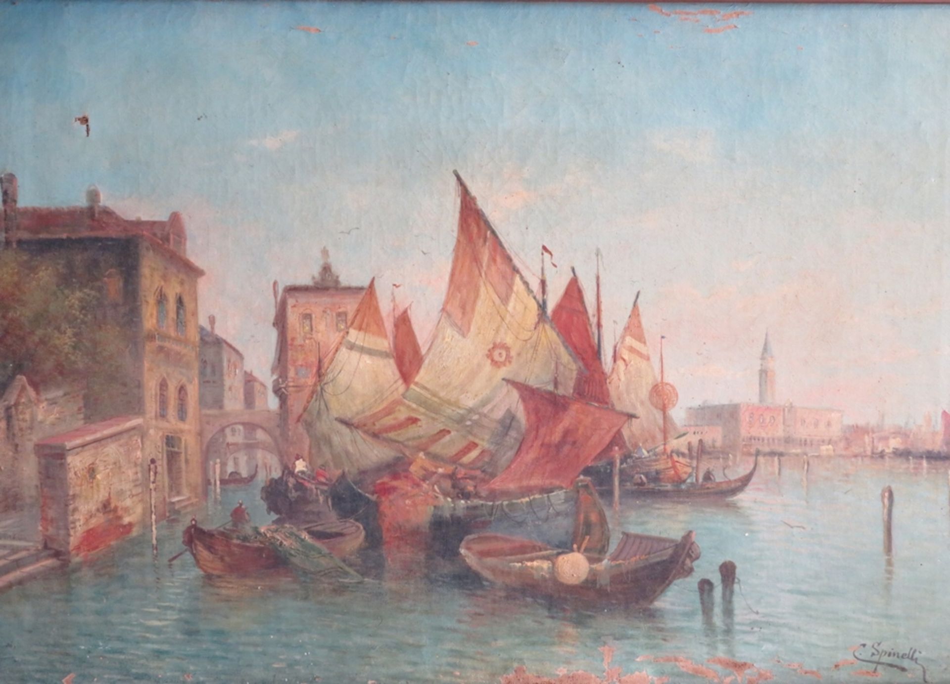 Spinelli, "Fischerboote in der Lagune von Venedig", re.u.sign., Öl/Leinwand, 1. Hälfte 20. Jahrhund