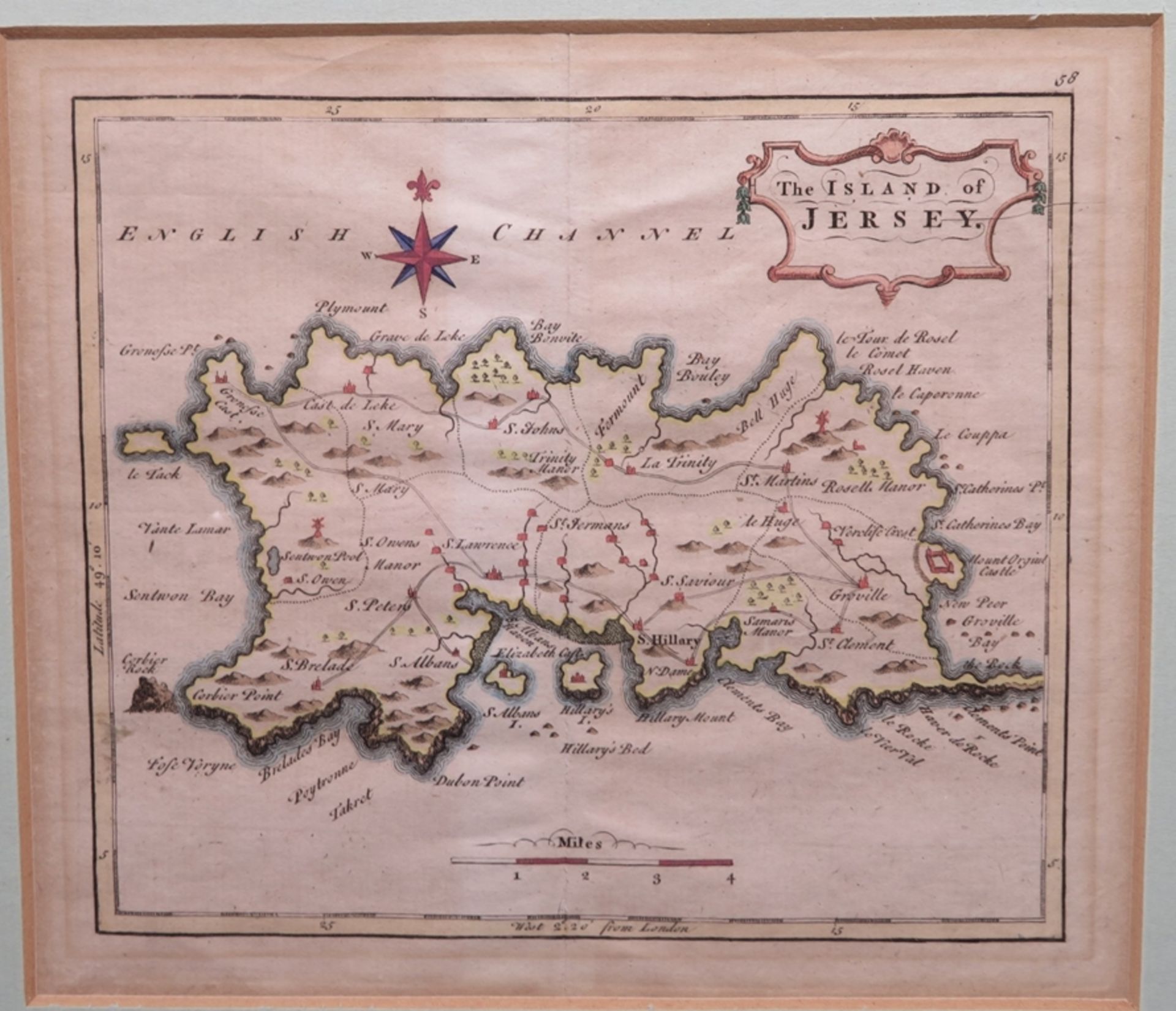 Kupferstichlandkarte, 18. Jahrhundert, "The Island of Jersey", altcol., 14,5 x 17 cm, R. [36 x 37,5
