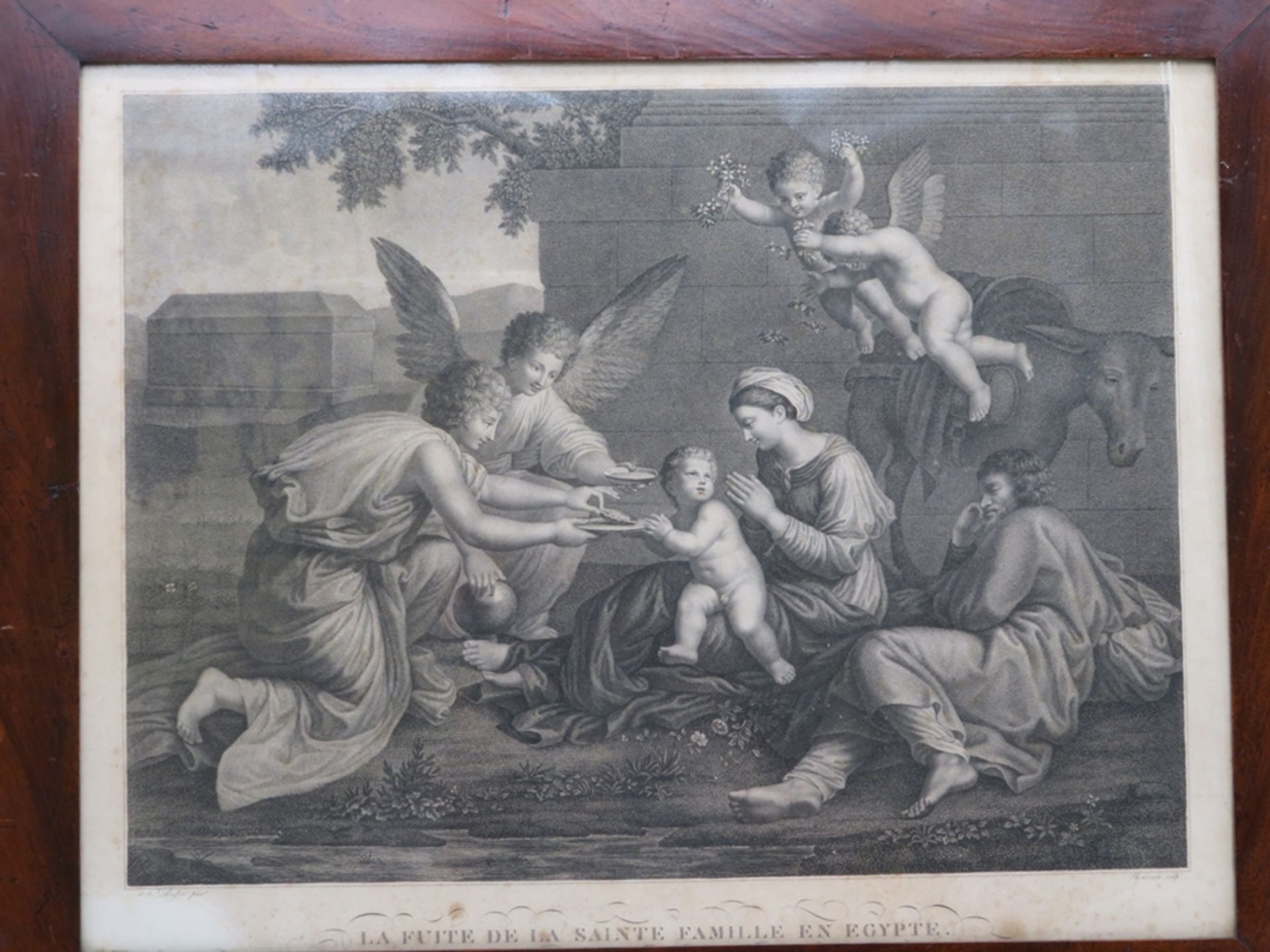 Lithografie, 19. Jahrhundert, nach Poussin, "Die heilige Familie", 37 x 50 cm, Nussbaumrahmen [53 x
