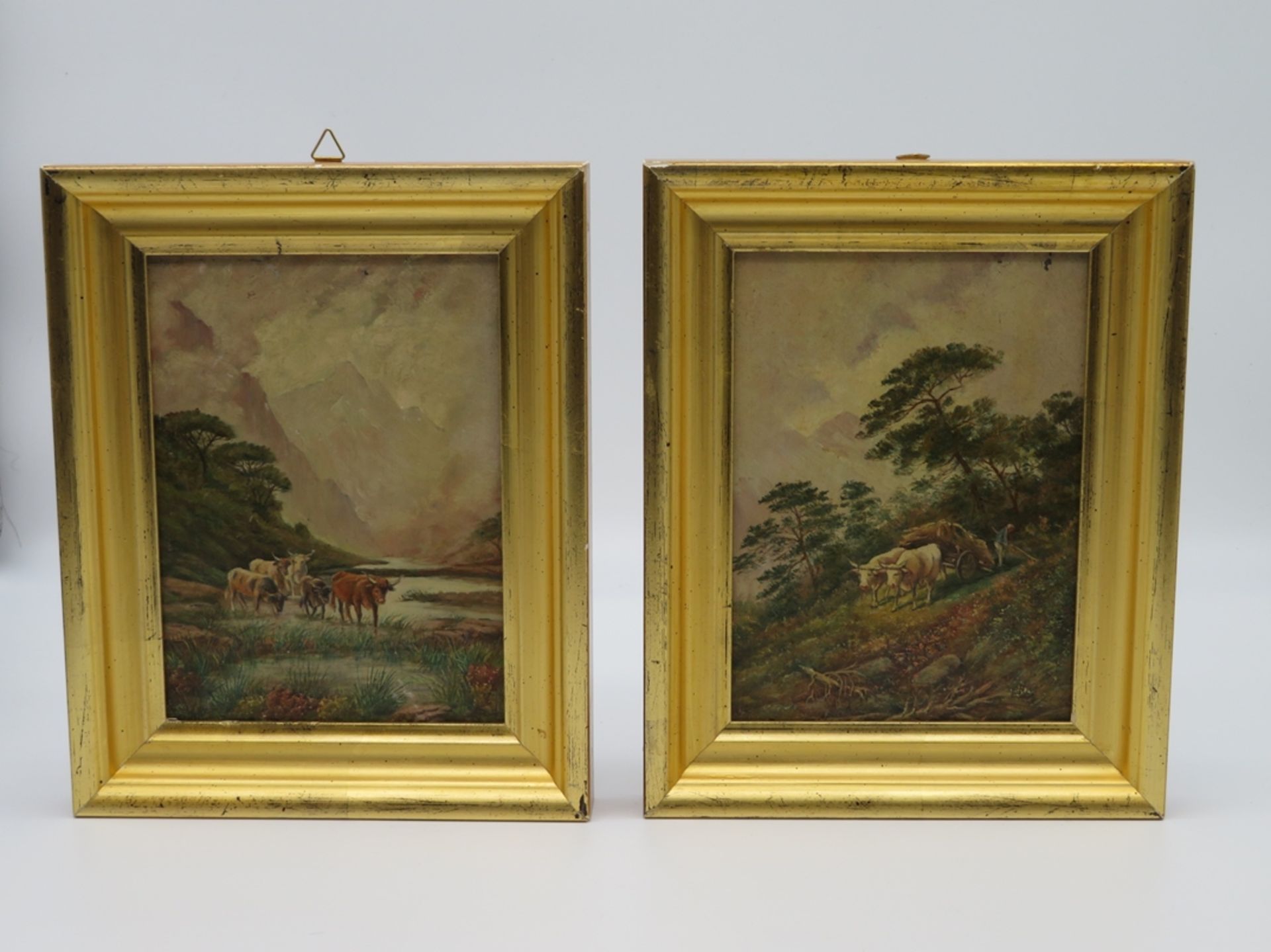 Um 1900, 2 x "Landschaft mit Vieh", Öl/Holz, 19 x 14 cm, R. [24,5 x 20 cm]