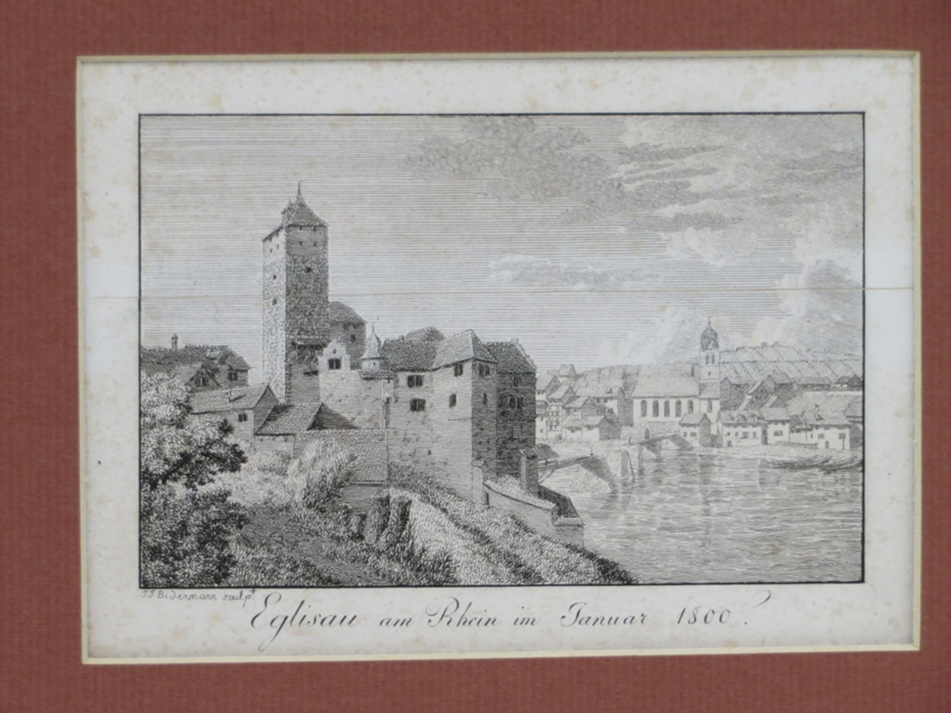 Biedermann, J.J., "Eglisau am Rhein im Januar 1800", Radierung, Blatt mittig geschnitten, 9 x 13,3 