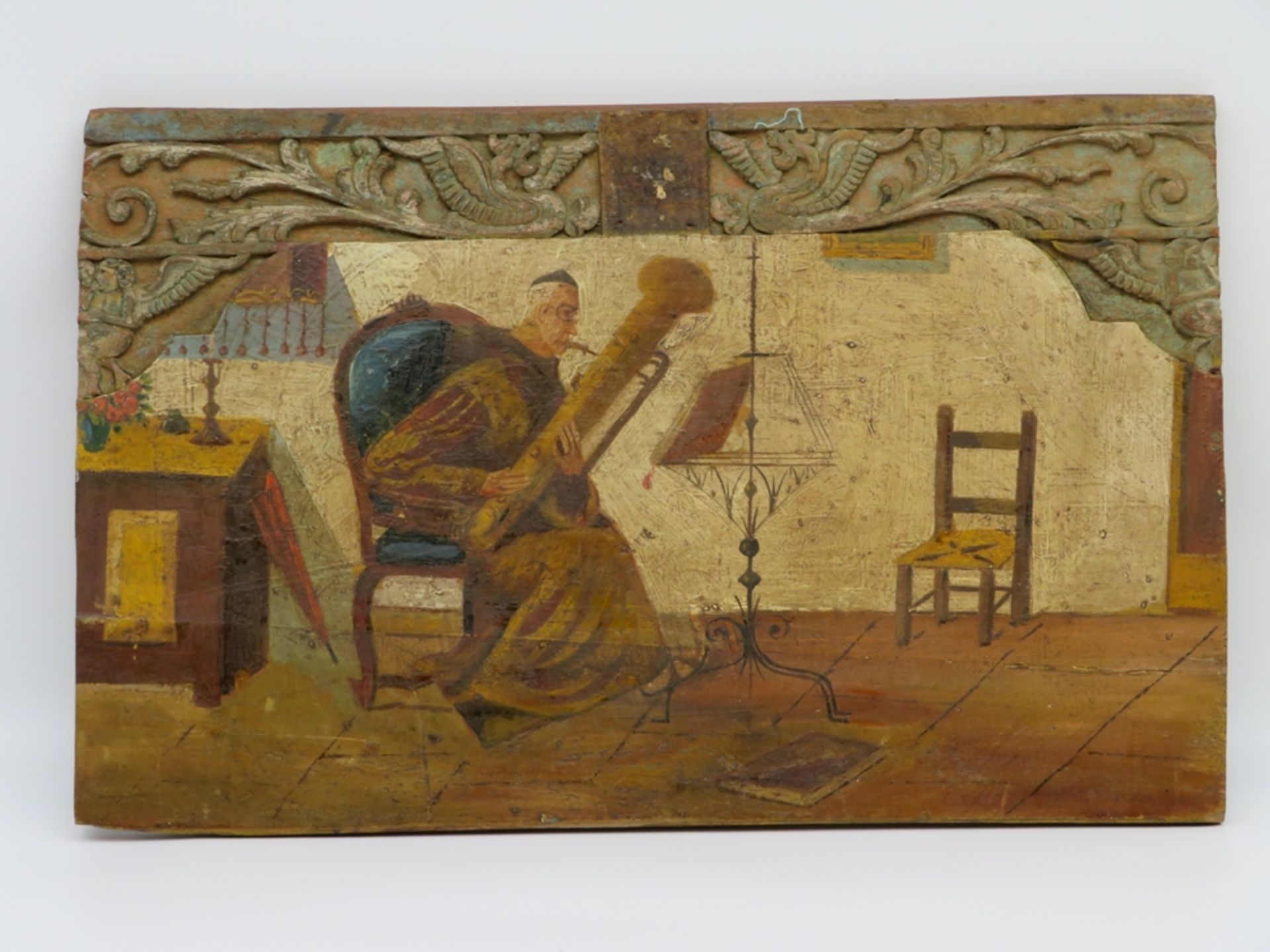19. Jahrhundert, "Musizierender Mönch", Öl/Holz, 30 x 48 cm, o.R.