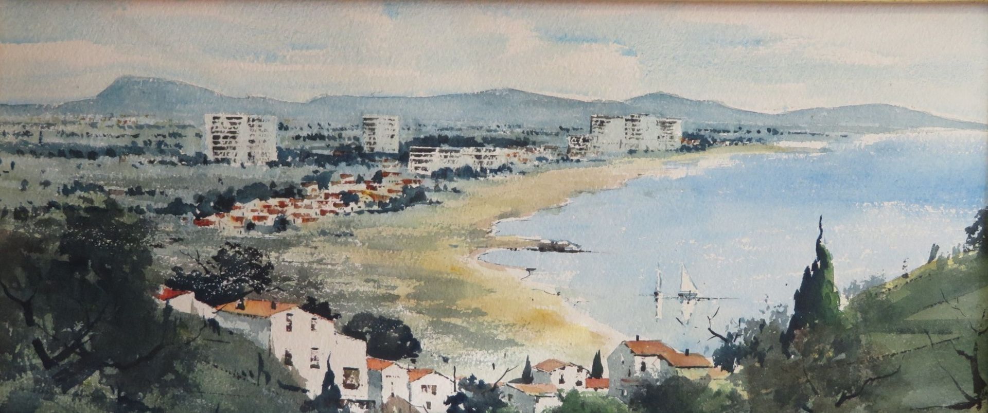 Unbekannt, "Der Strand von Argèles-sur-Mer", Aquarell, 70 x 30 cm, R. [88 x 48 cm]