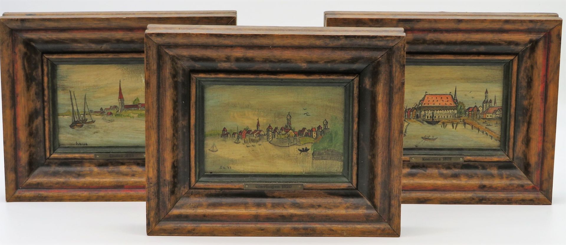 Hasso, 3 Miniaturmalereien, "Überlingen", "Konstanz" und "Lindau", Öl/Holz, 9 x 13 cm, R. [17,5 x 2