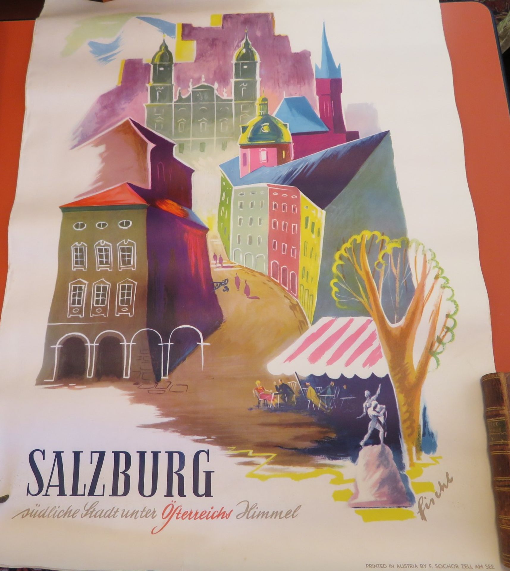 4 alte Plakate, 1950er Jahre, "Salzburg. Südliche Stadt unter Österreichs Himmel", Druck F. Sochor/