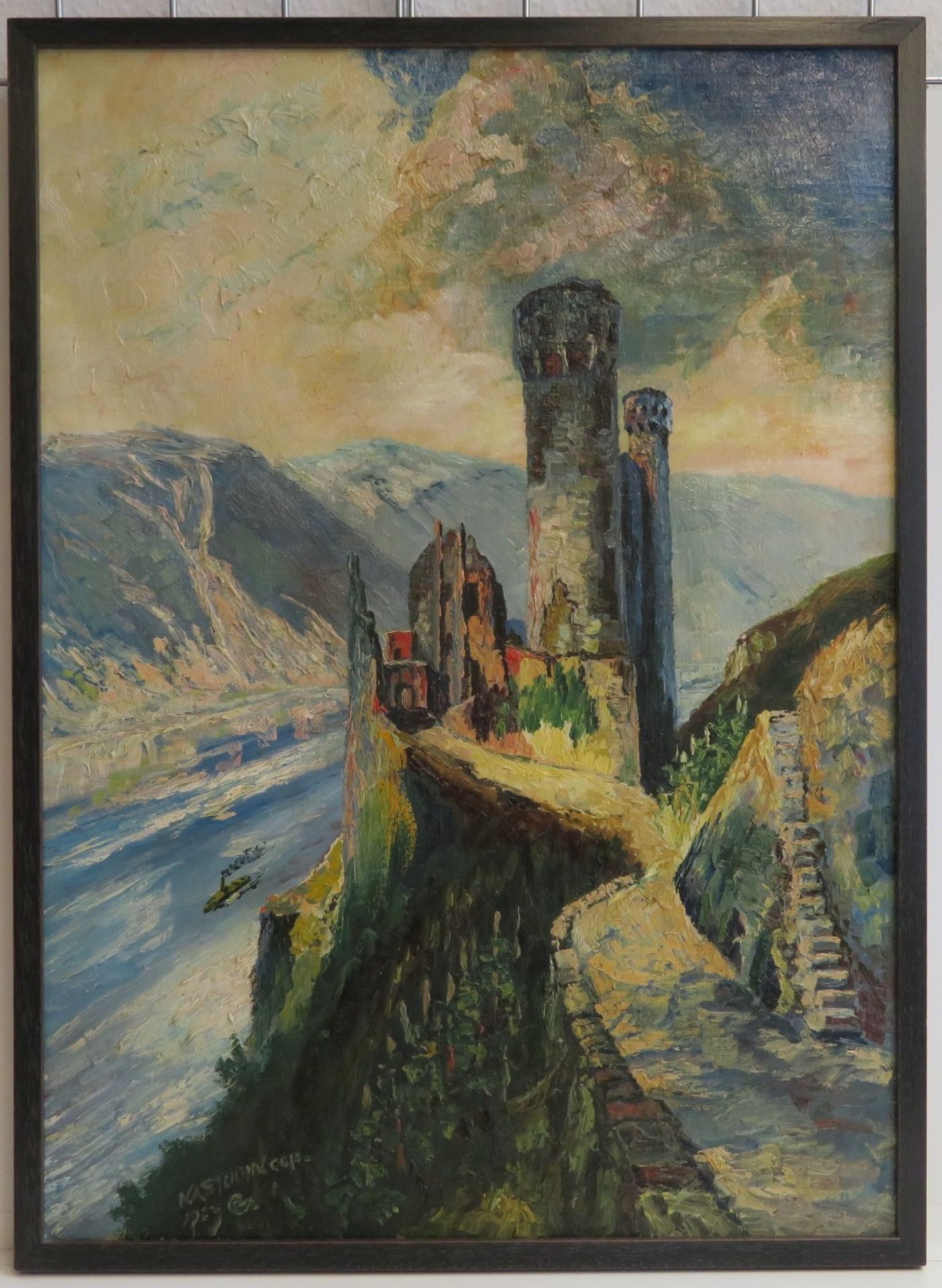 Unleserlich signiert, "Ruine an der Mosel", li.u.unles.sign., Öl/Leinwand, 79 x 56,5 cm, R. [80 x 5