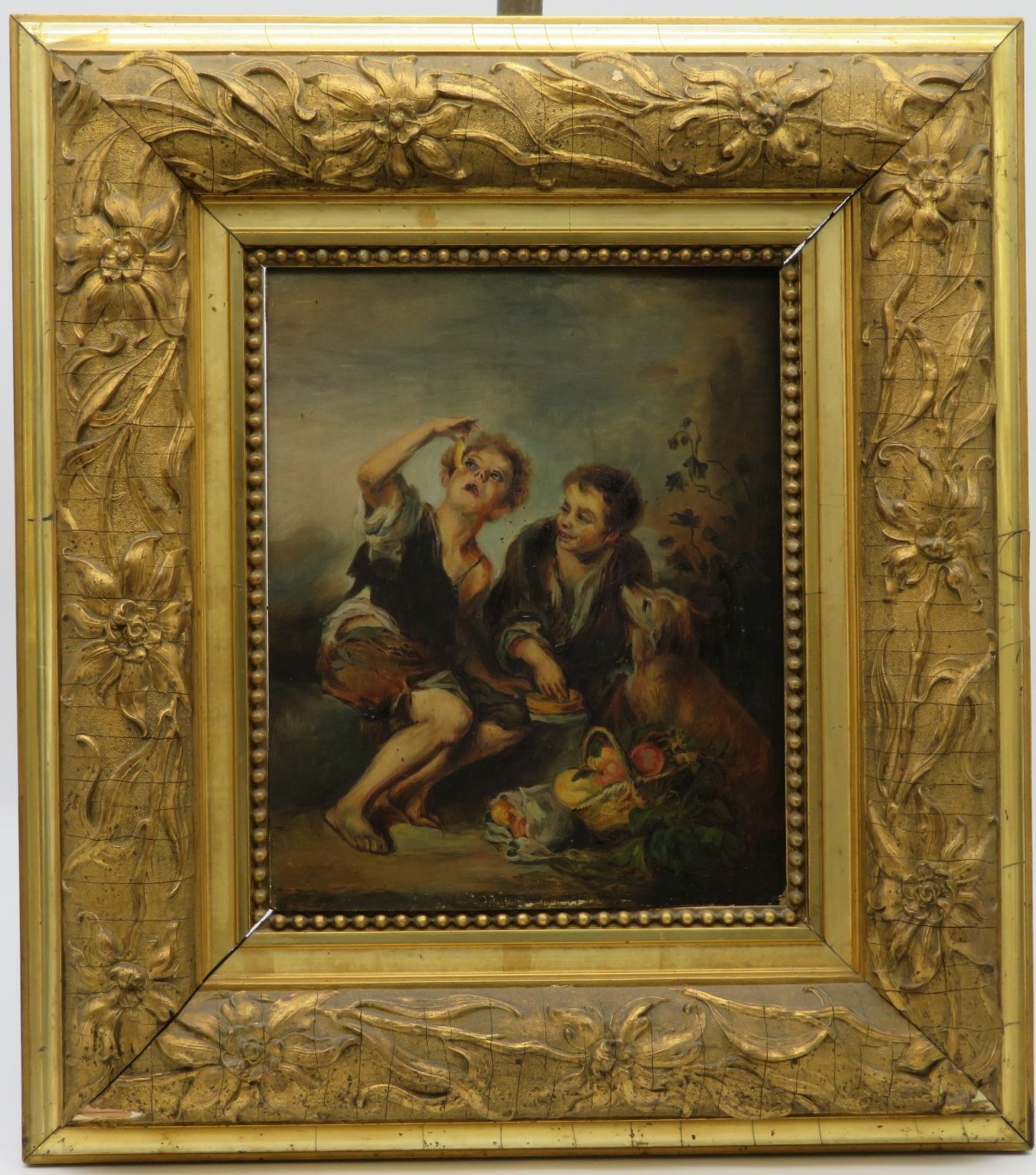 Nach Bartolomé Esteban Murillo, Kopie, um 1900, "Die Traubenesser", Öl/Holz, 26,5 x 21 cm, R. [47 x