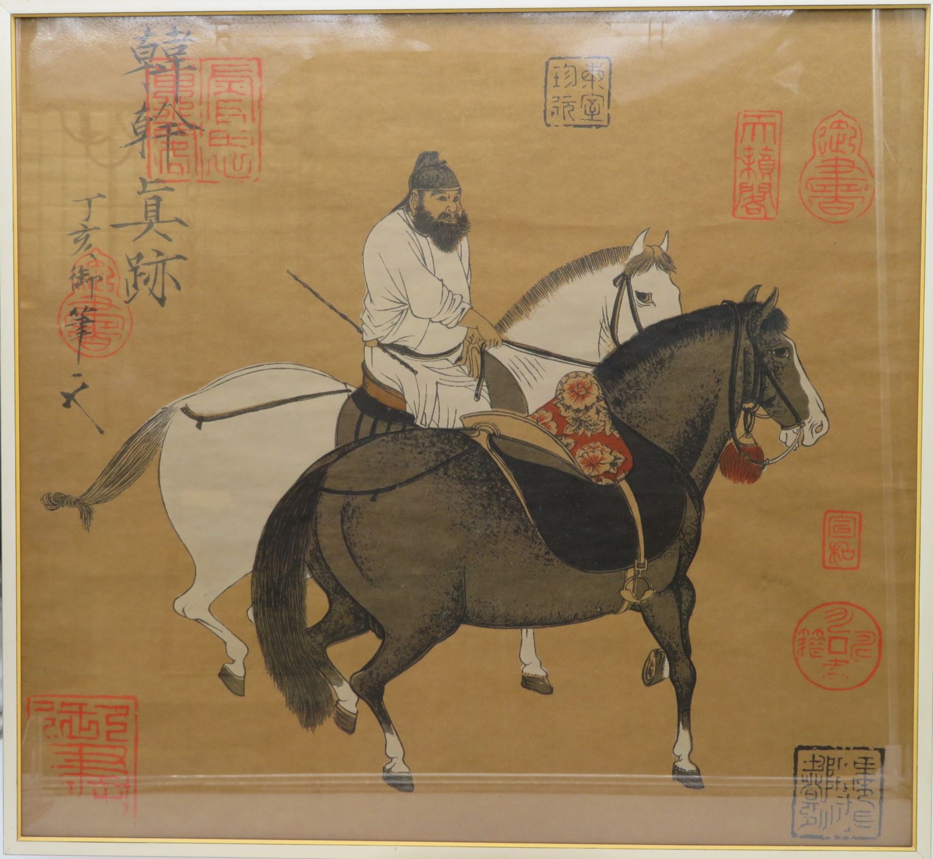 China, "Reiter mit zwei Pferden", Farbholzschnitt, 56 x 60 cm, R.