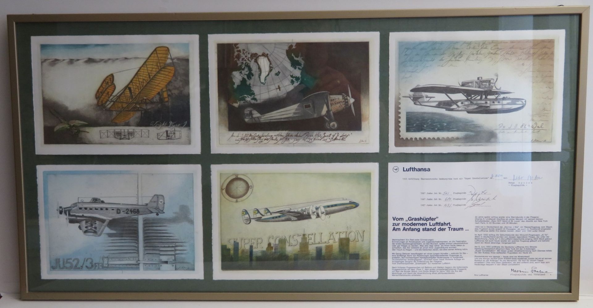 5 Farbradierungen, "Luftschifffahrt", mit Handsignaturen der Flugkapitäne Jumbojet Nr. 541/680/431,