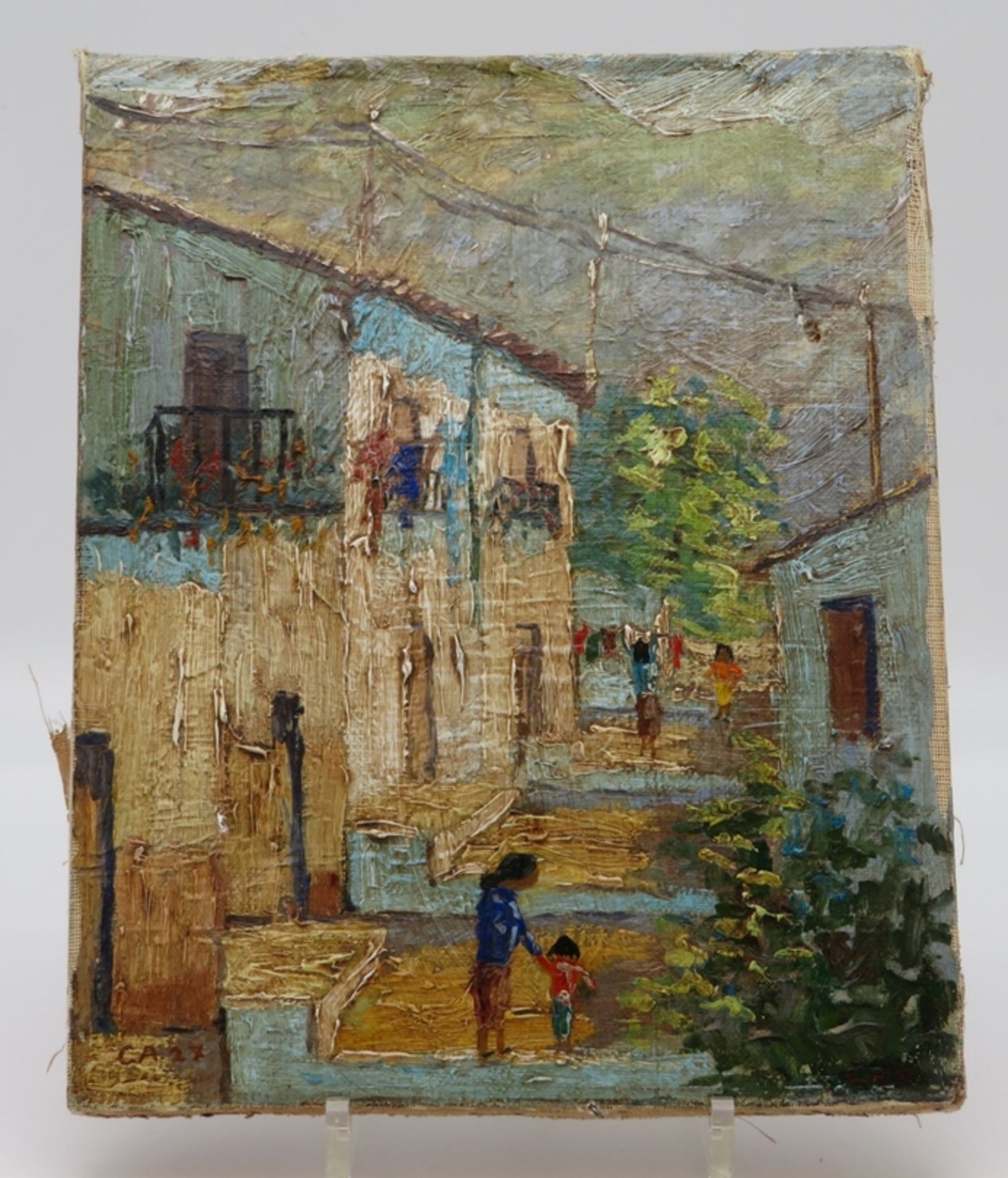 Monogrammist, CA27, "Südliche Straßenansicht mit Personen", li.u.monogr., Öl/Leinwand, 31 x 24,5 cm